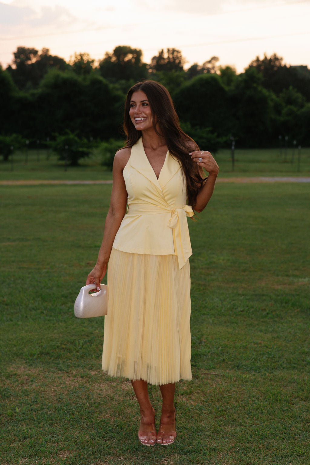 Suit Vest Mesh Midi Dress-Yellow