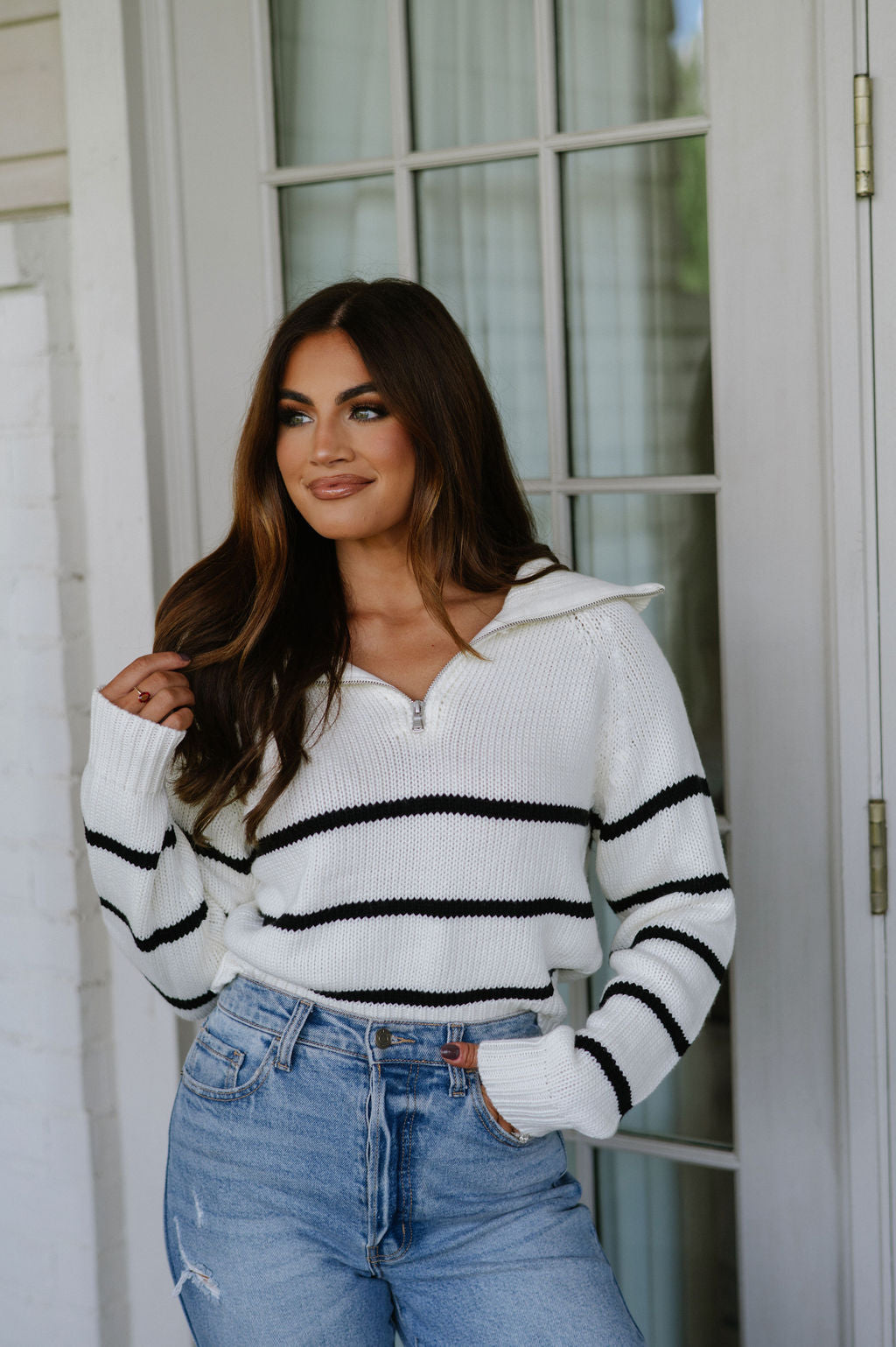 Doorbuster! Odette Quarter Zip Sweater- Ivory/Black