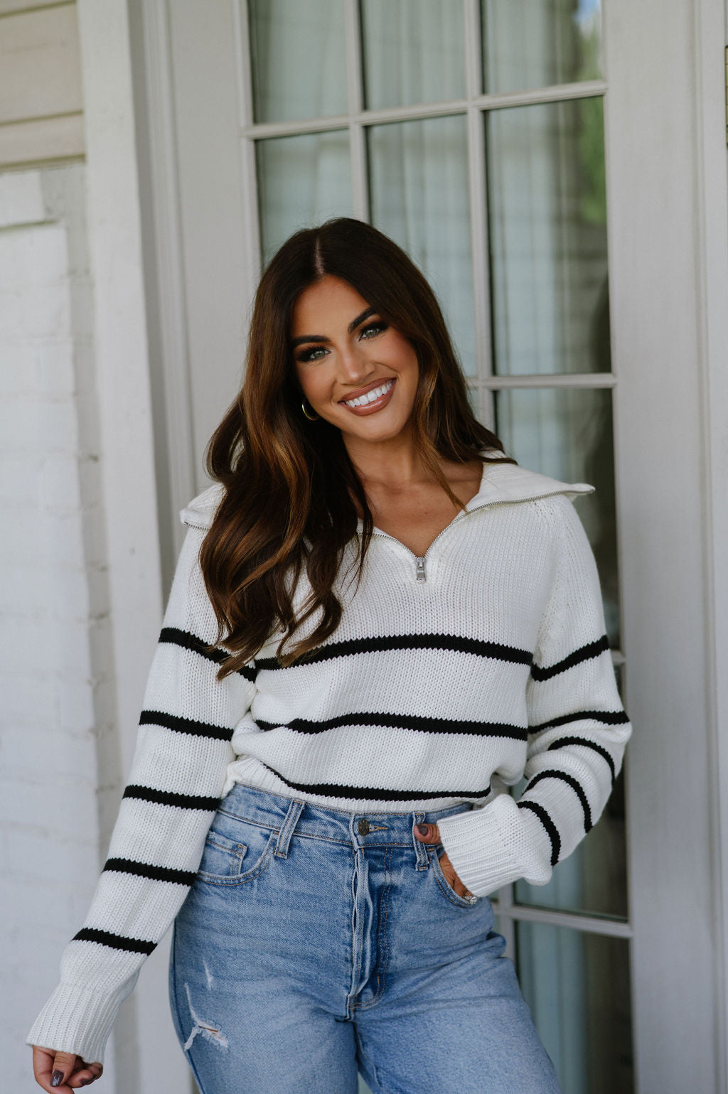 Doorbuster! Odette Quarter Zip Sweater- Ivory/Black