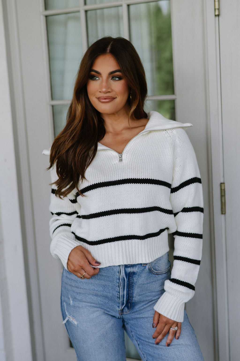 Doorbuster! Odette Quarter Zip Sweater- Ivory/Black