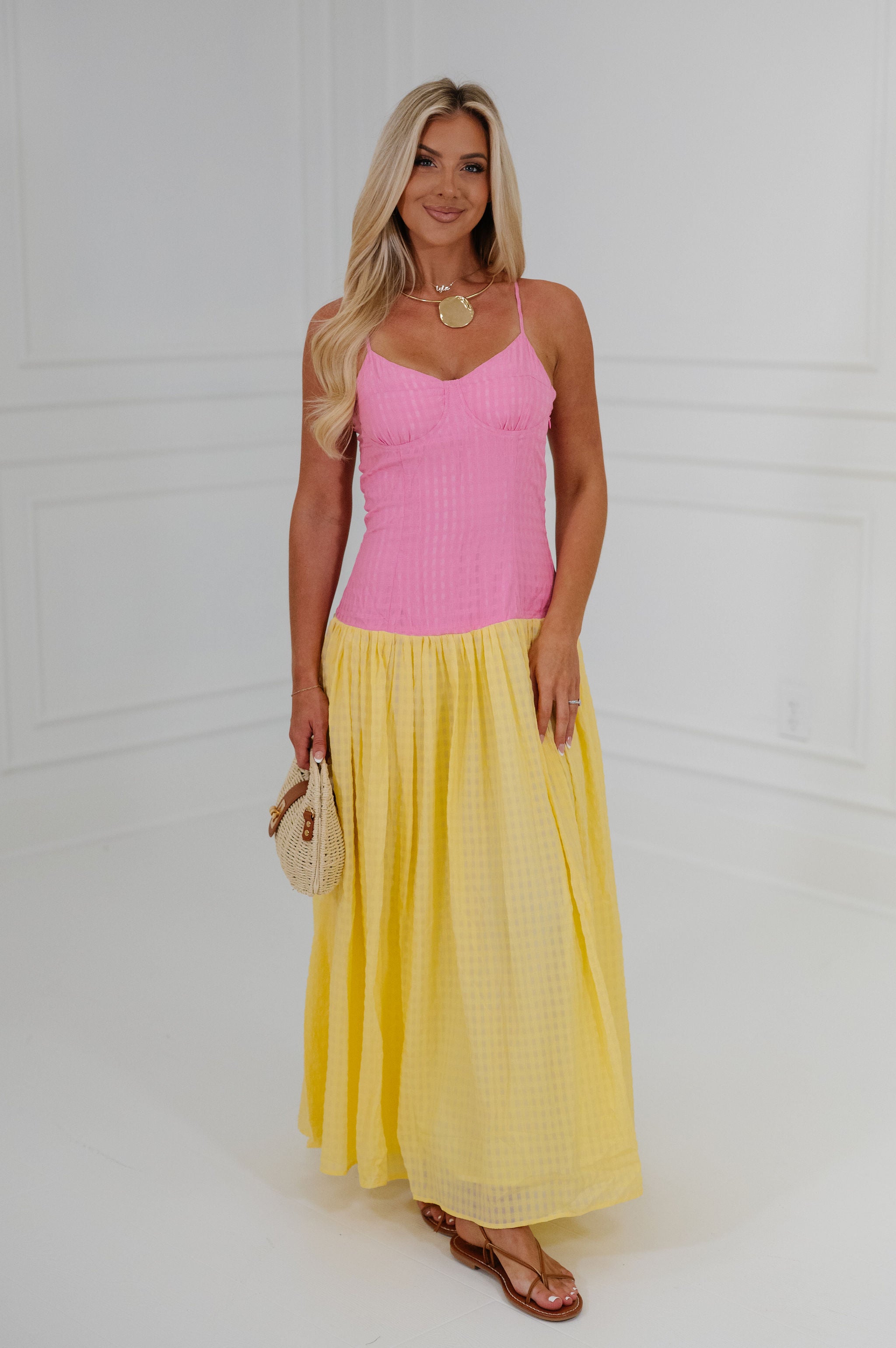 Plaid Low Waisted Maxi Dress-Pink/Yellow L