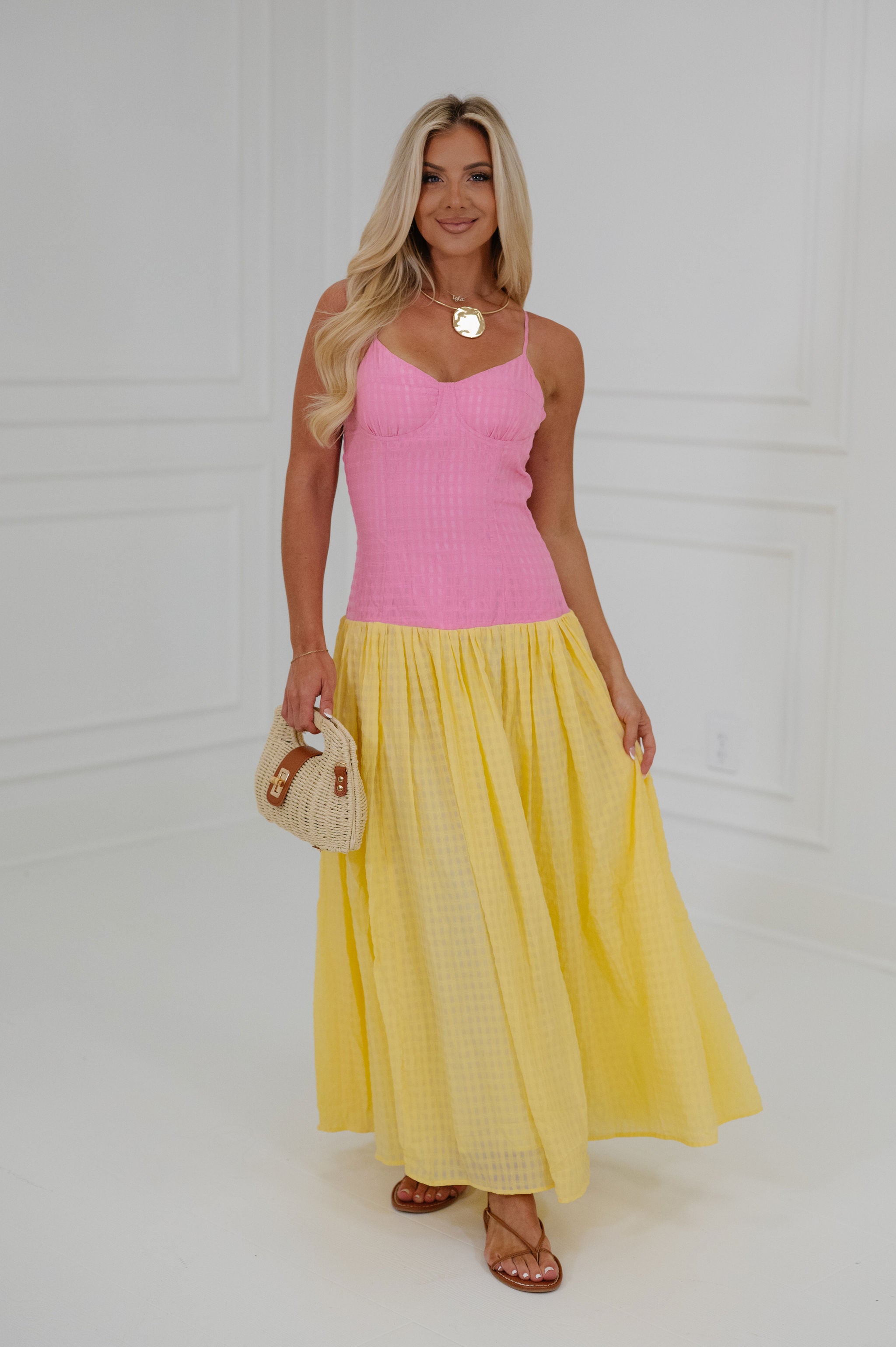 Plaid Low Waisted Maxi Dress-Pink/Yellow