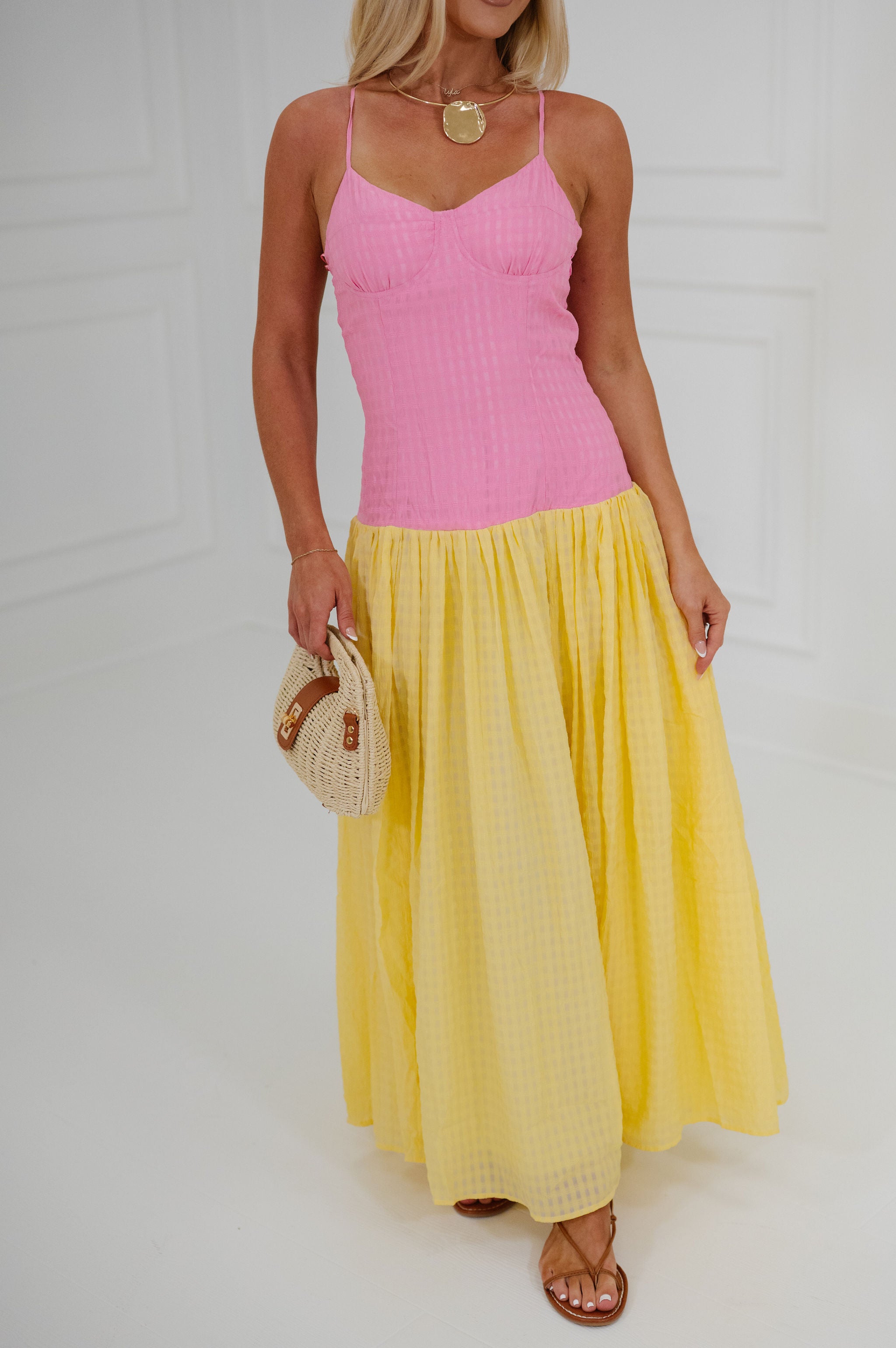 Plaid Low Waisted Maxi Dress-Pink/Yellow