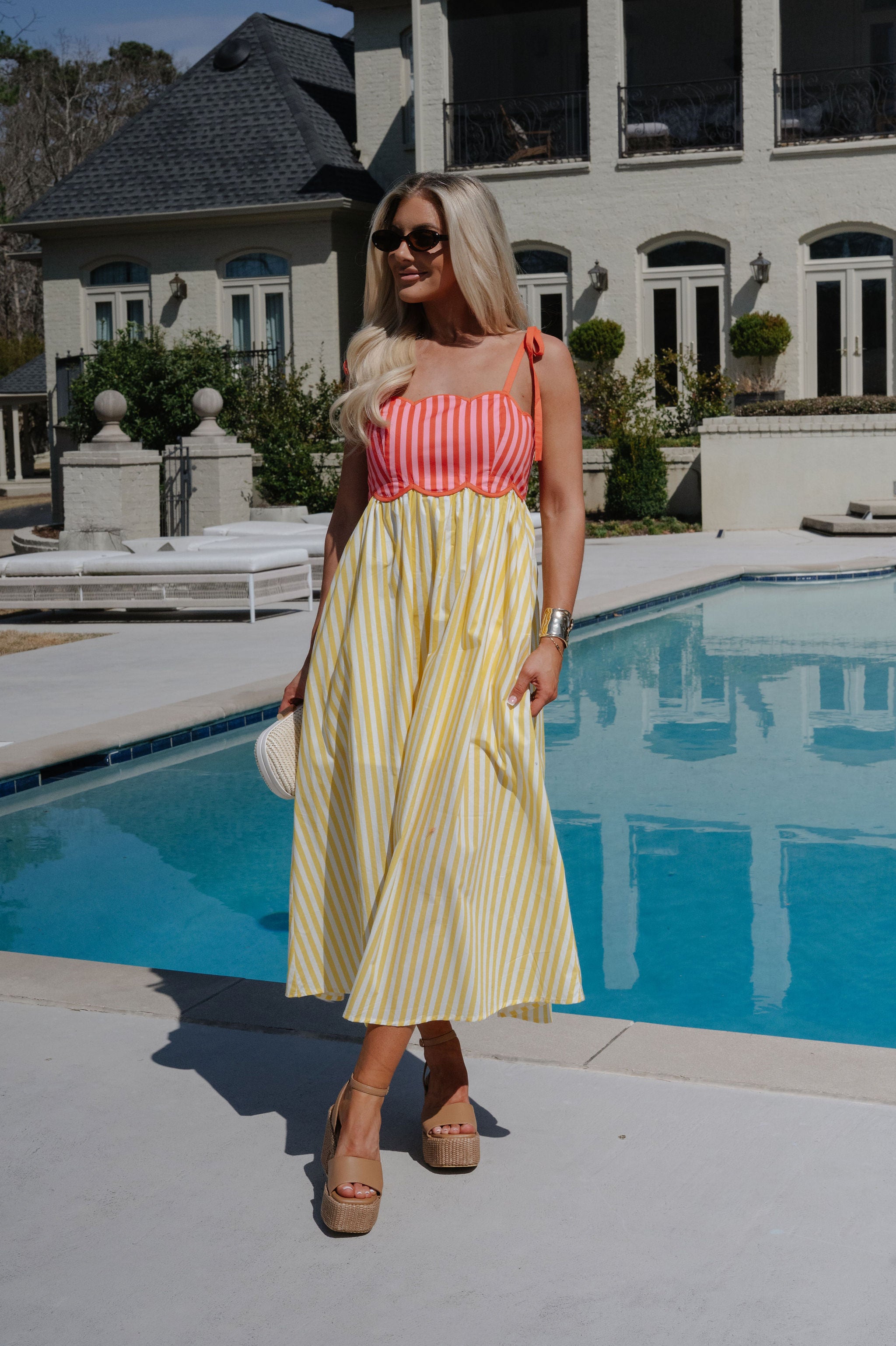 Striped Two Toned Midi Dress-Lemon/Orange