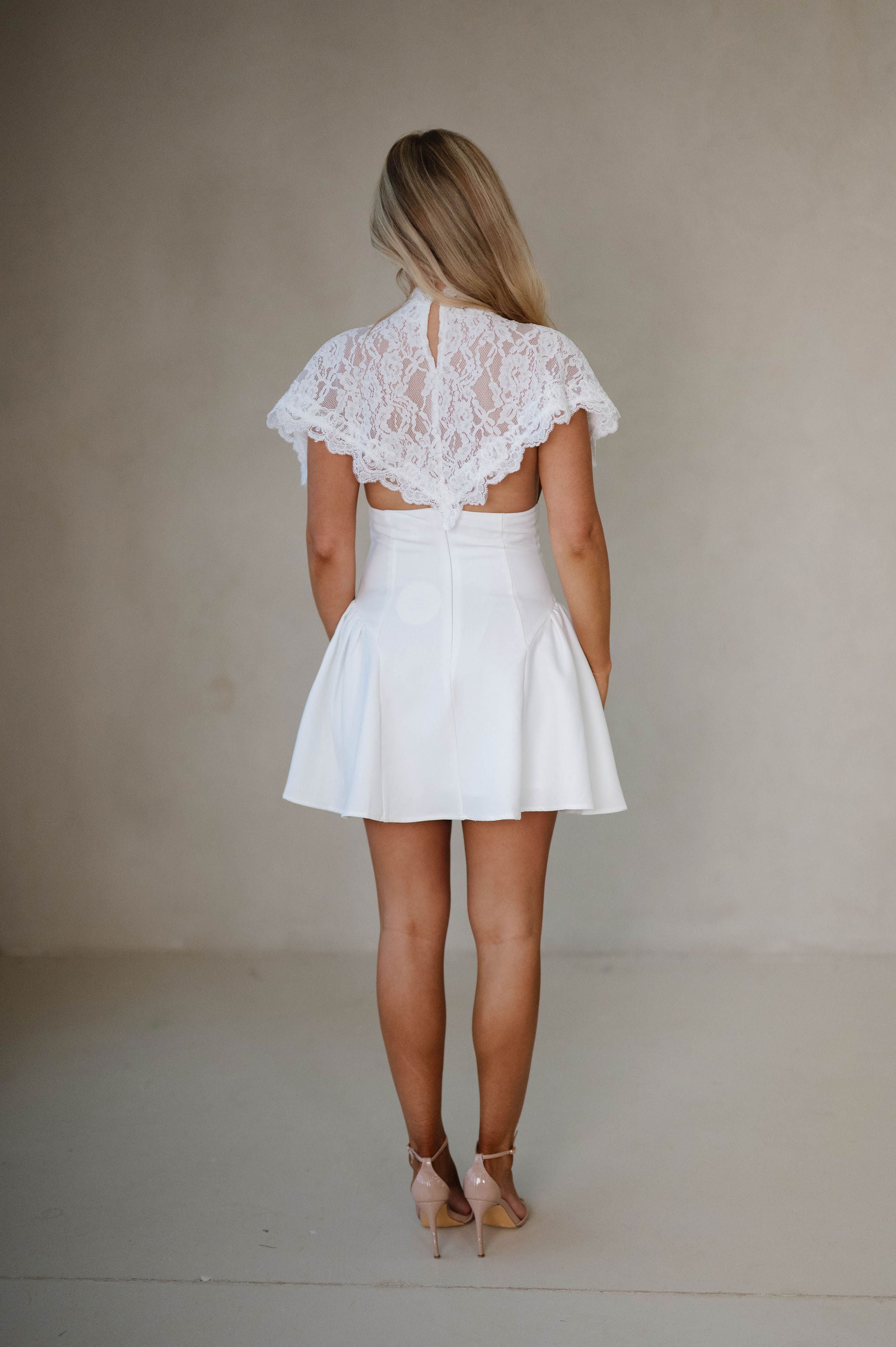 Lace Overlay Mini Dress-Off White/Nude