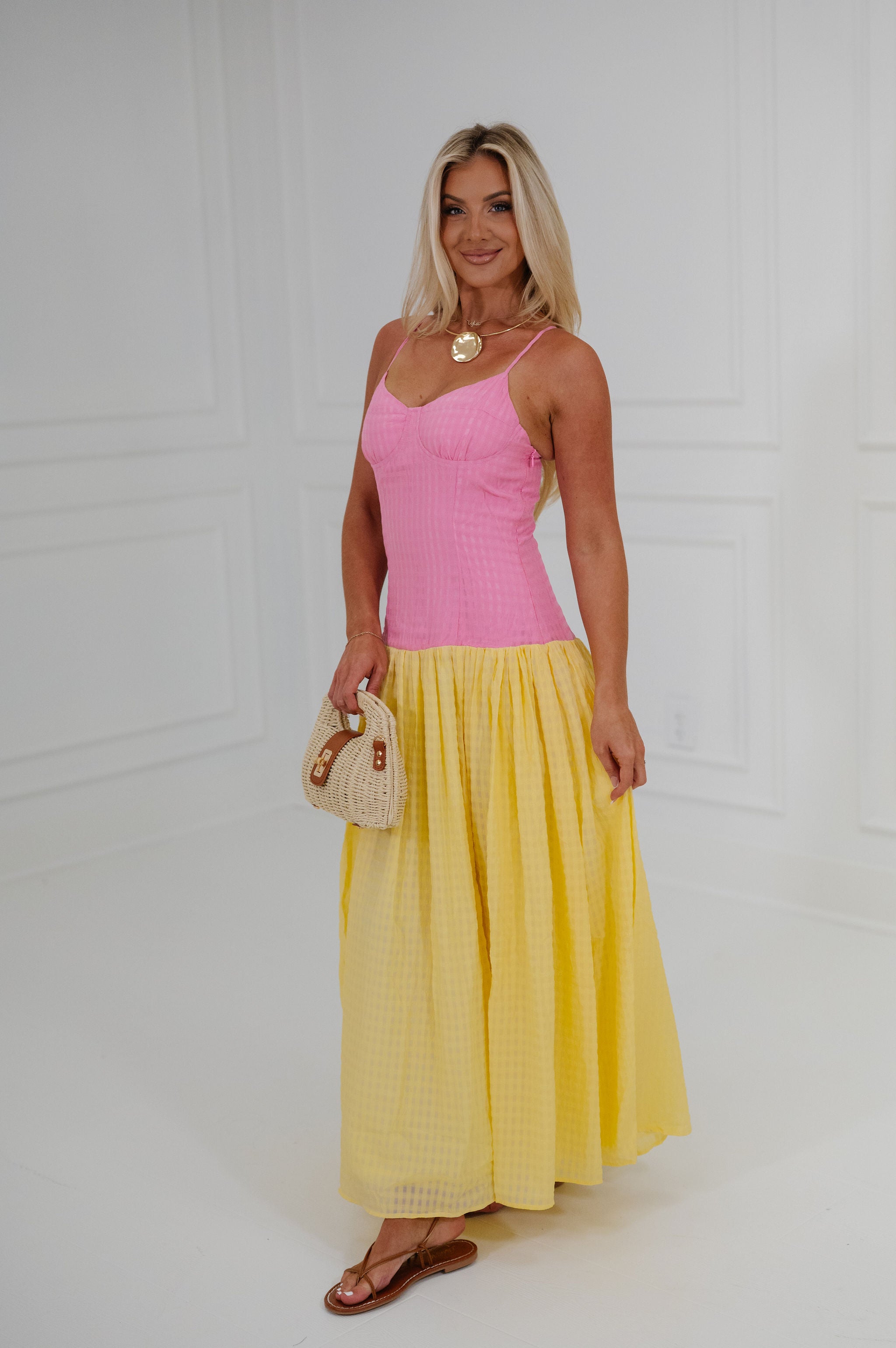 Plaid Low Waisted Maxi Dress-Pink/Yellow