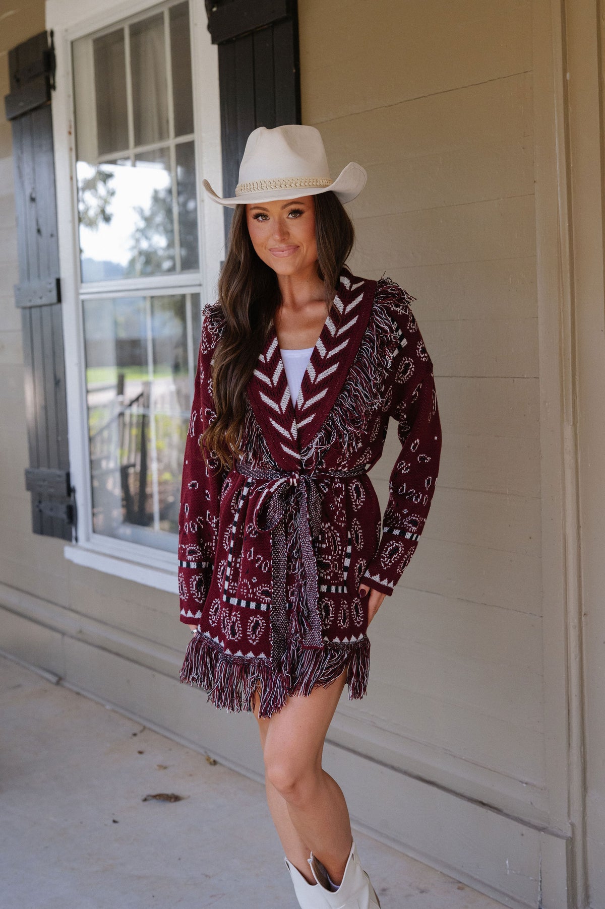 Zara Bandana Pattern Fringed Cardigan-Burgundy