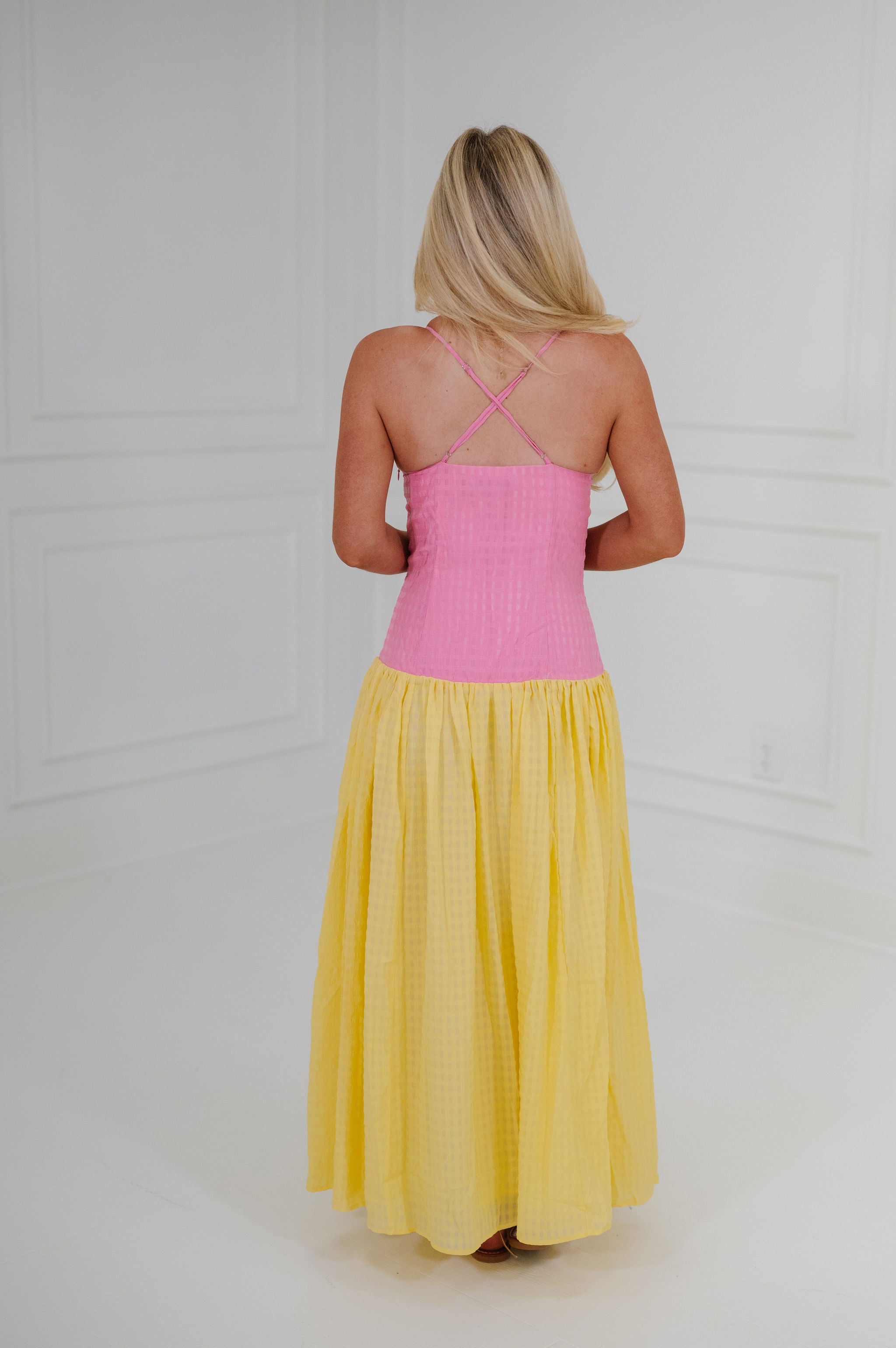 Plaid Low Waisted Maxi Dress-Pink/Yellow