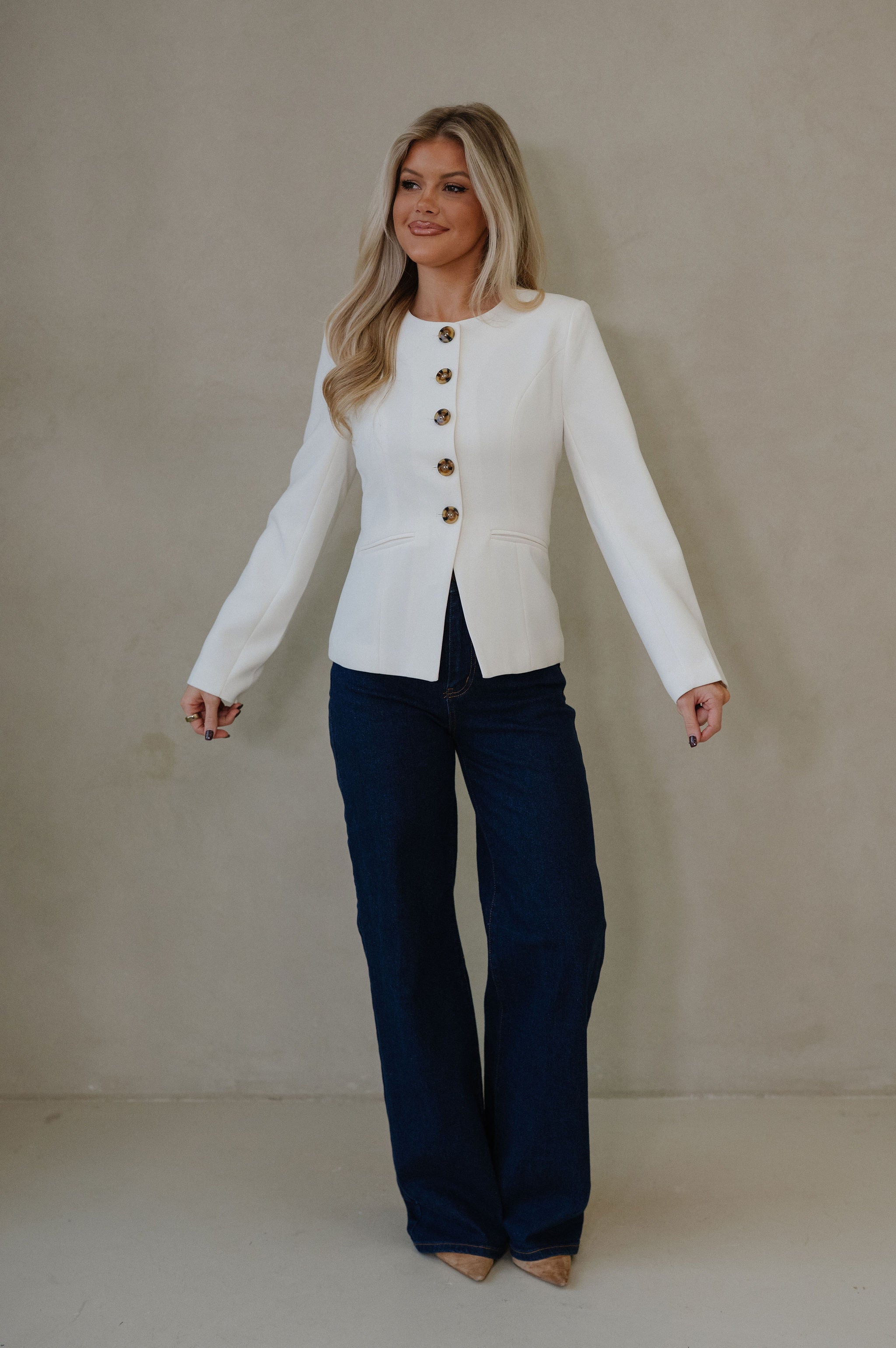 Jill Crew Neck Blazer Top-Ivory