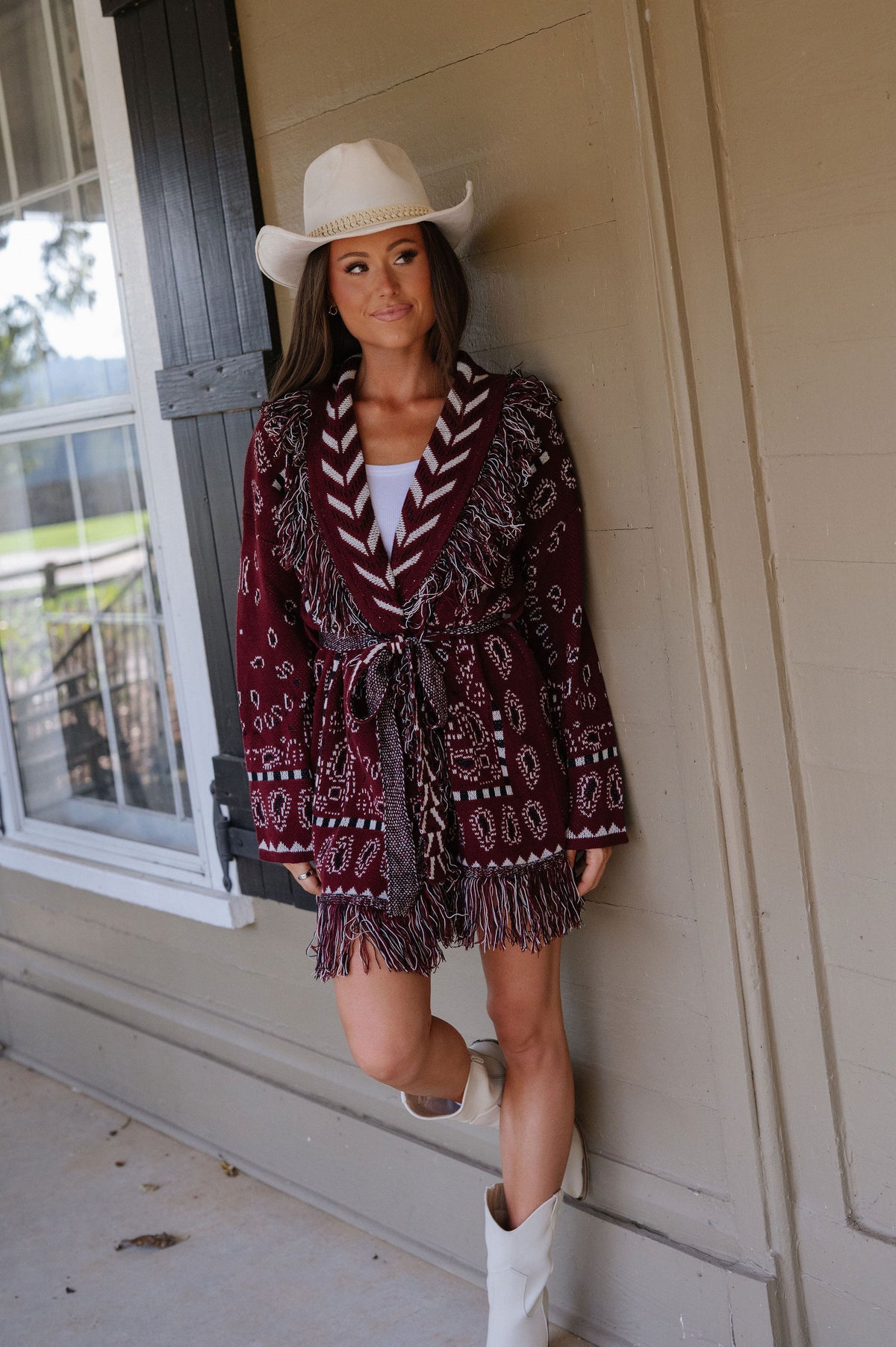 Zara Bandana Pattern Fringed Cardigan-Burgundy