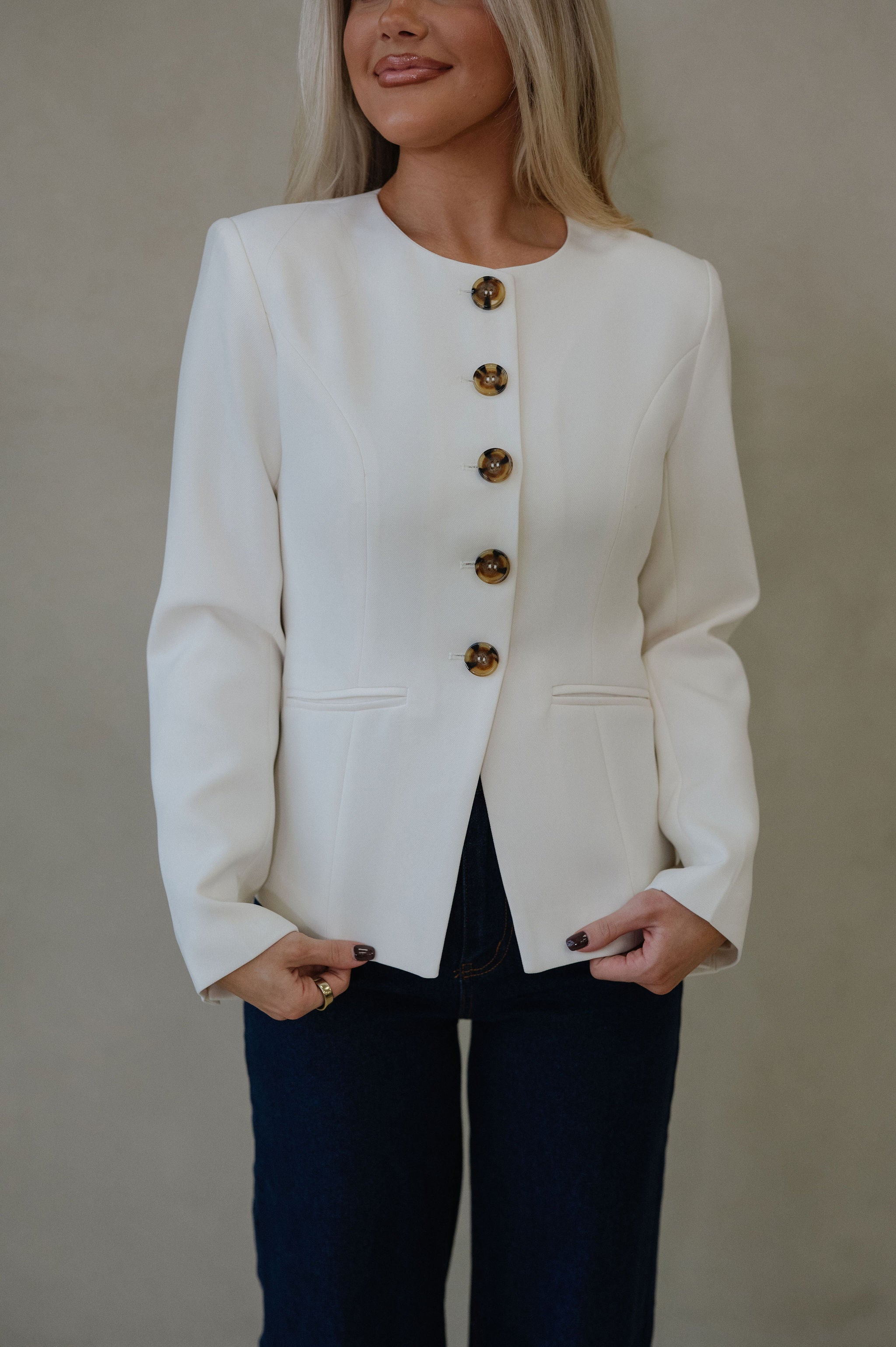 Jill Crew Neck Blazer Top-Ivory