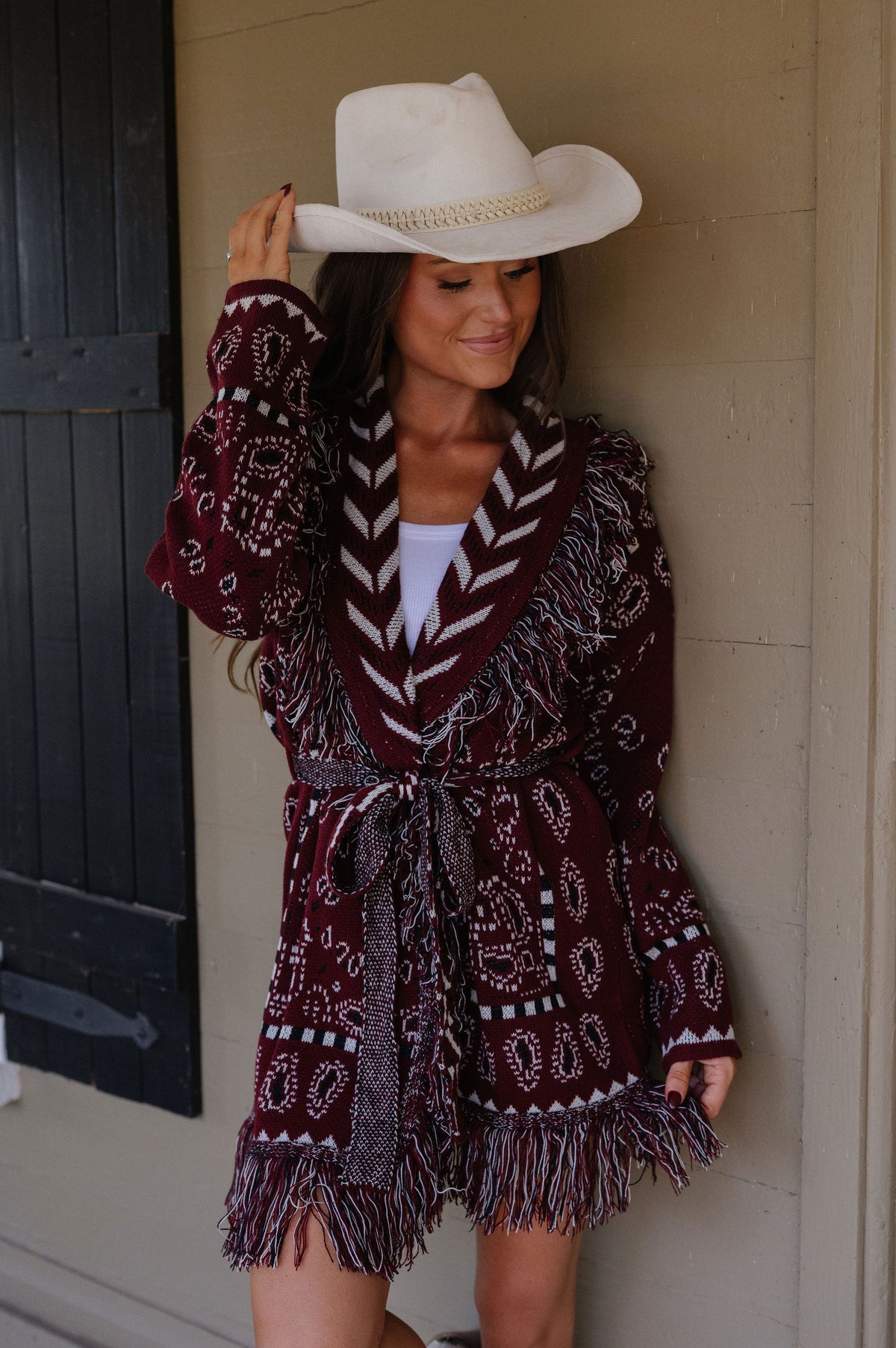 Zara Bandana Pattern Fringed Cardigan-Burgundy