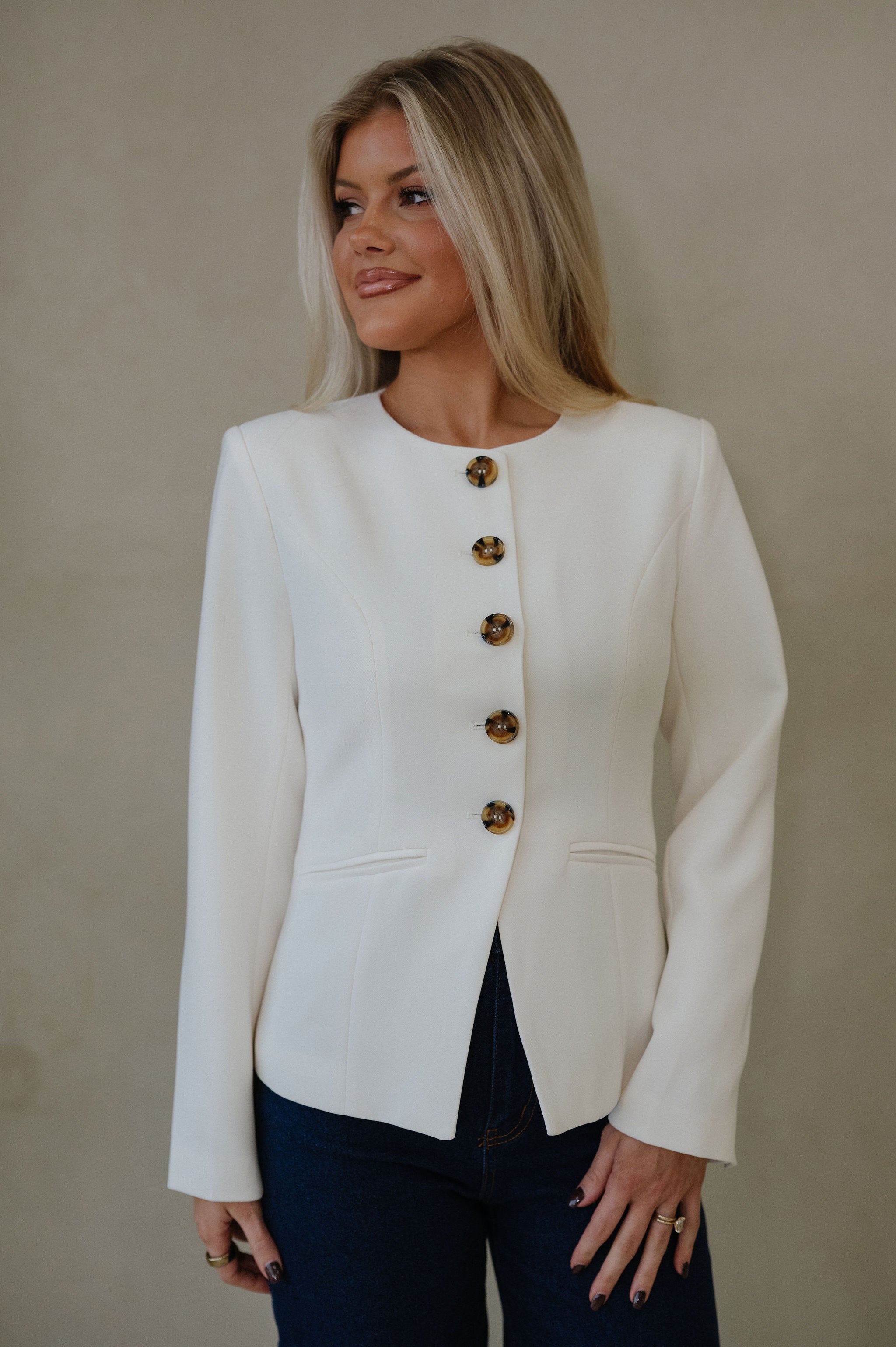 Jill Crew Neck Blazer Top-Ivory