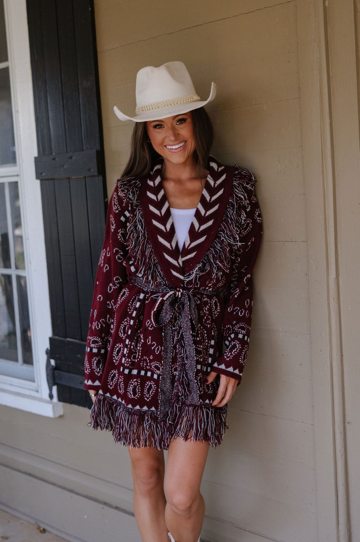 Zara Bandana Pattern Fringed Cardigan-Burgundy