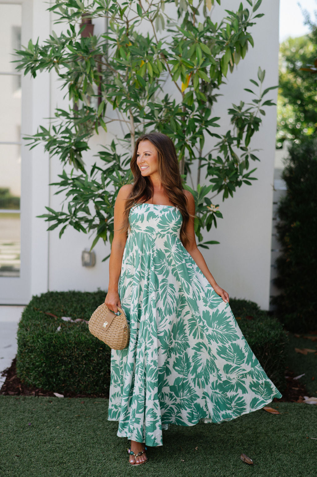 Palm Printed Maxi Dress-Off White/Green