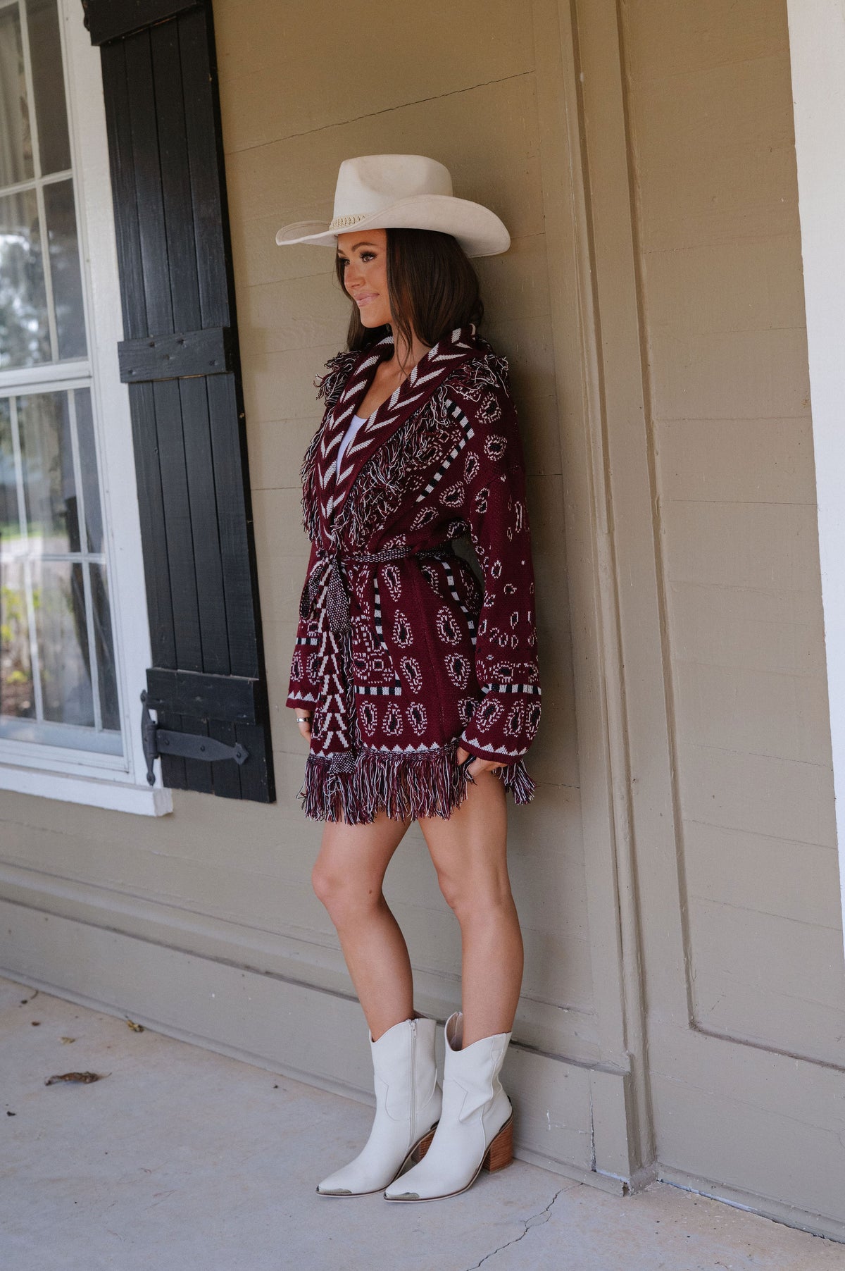 Zara Bandana Pattern Fringed Cardigan-Burgundy