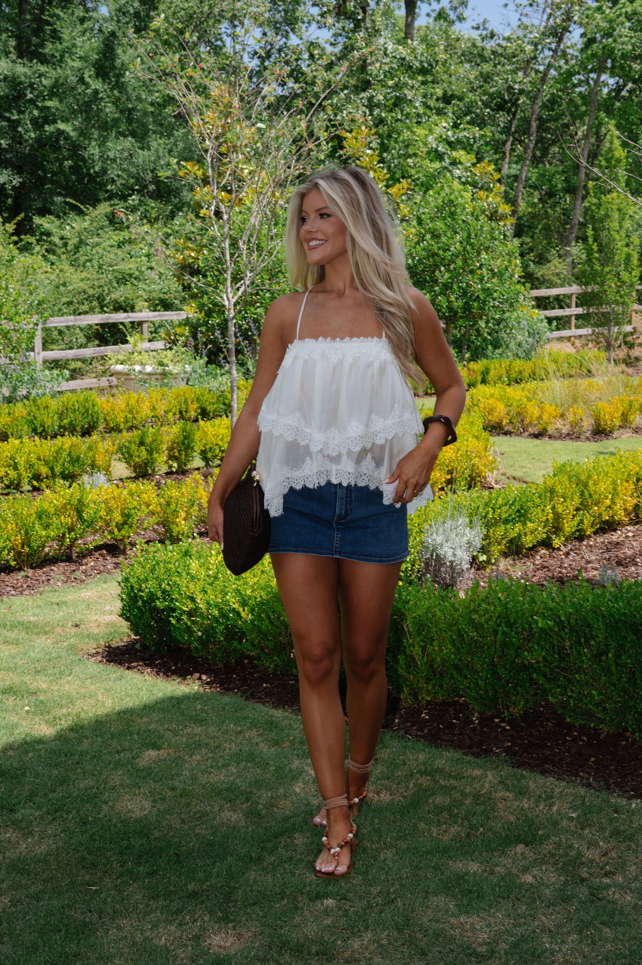 Lace Trim Hemline Tiered Cami Top-Cream