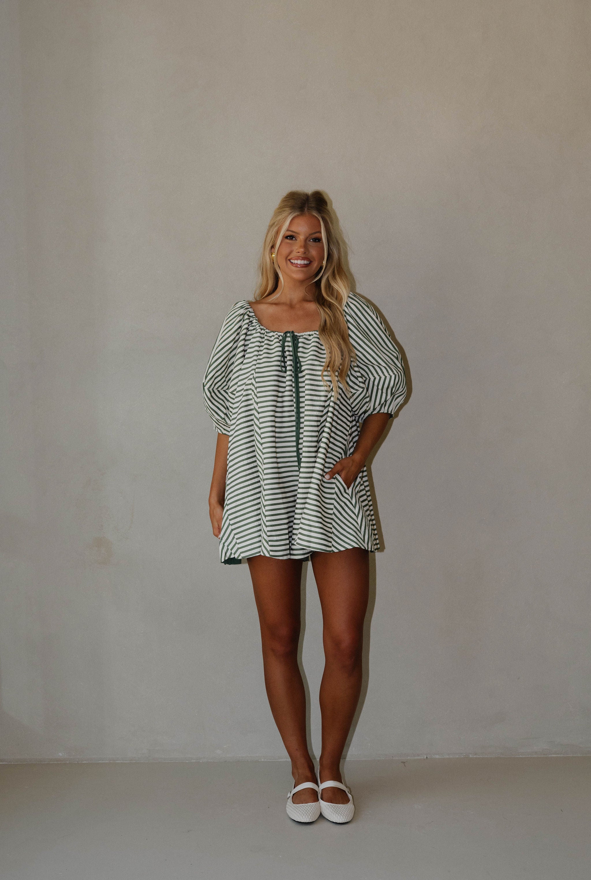 Monica Romper-Green Stripe