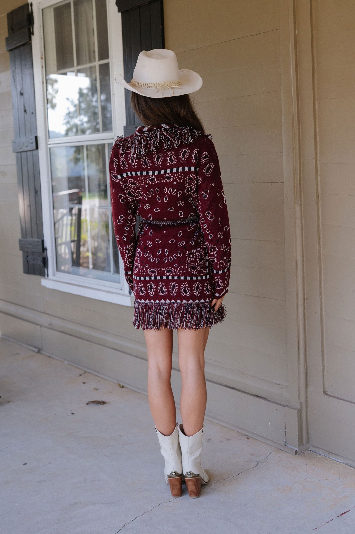 Zara Bandana Pattern Fringed Cardigan-Burgundy