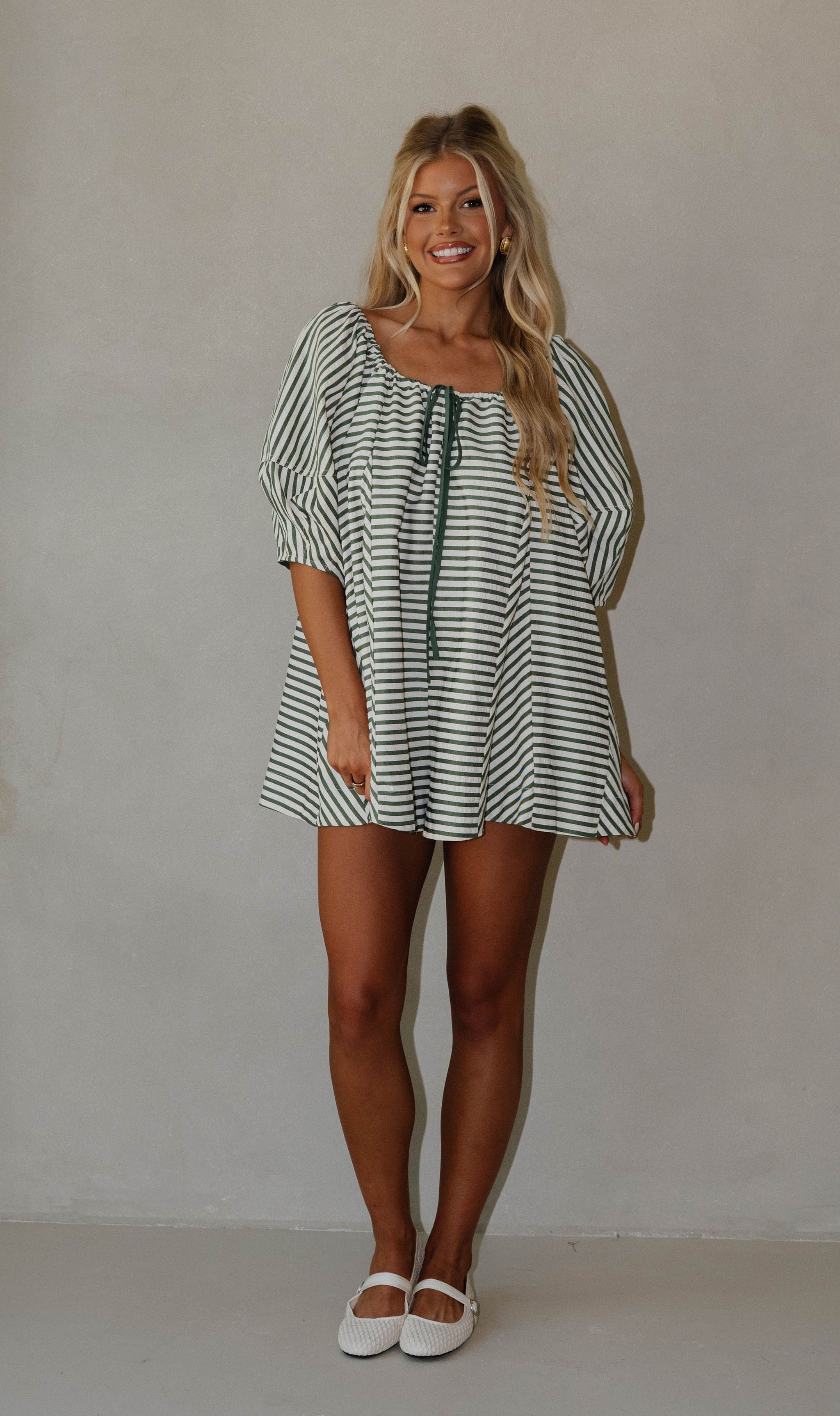 Monica Romper-Green Stripe