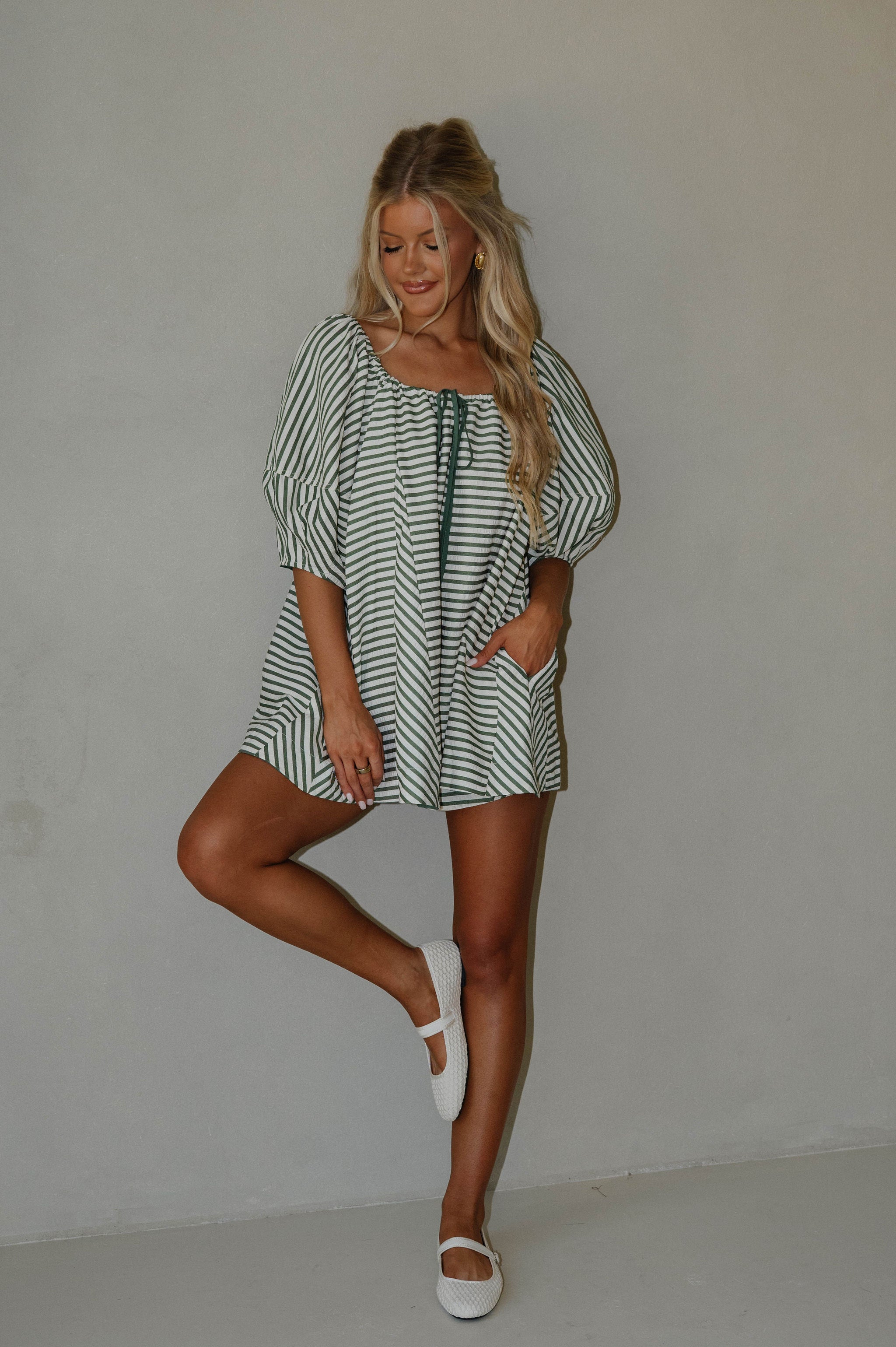 Monica Romper-Green Stripe