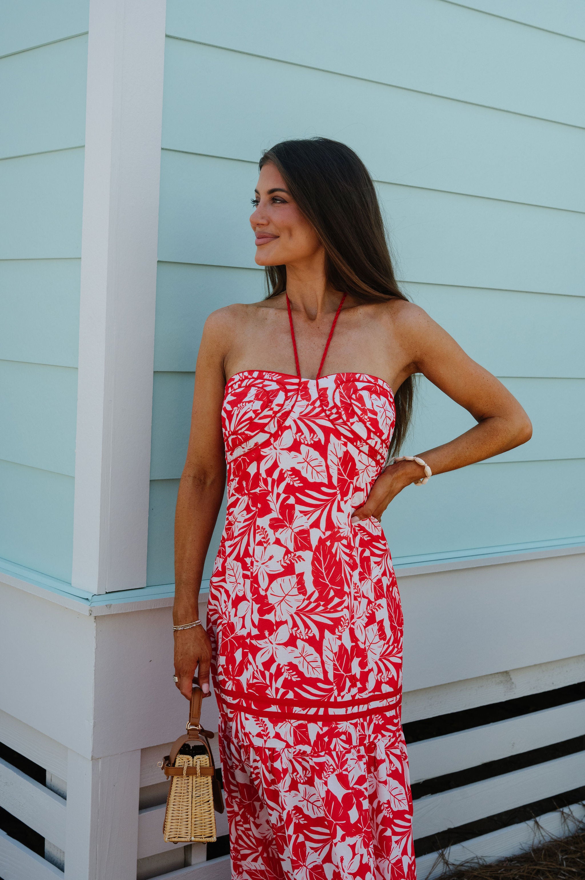Poppy Tropical Maxi Dress-Red/White