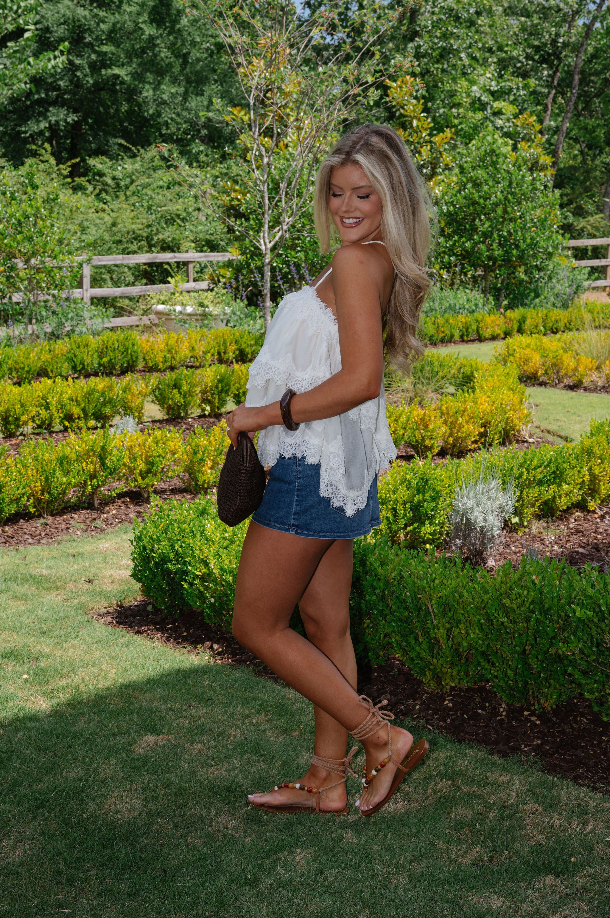 Lace Trim Hemline Tiered Cami Top-Cream