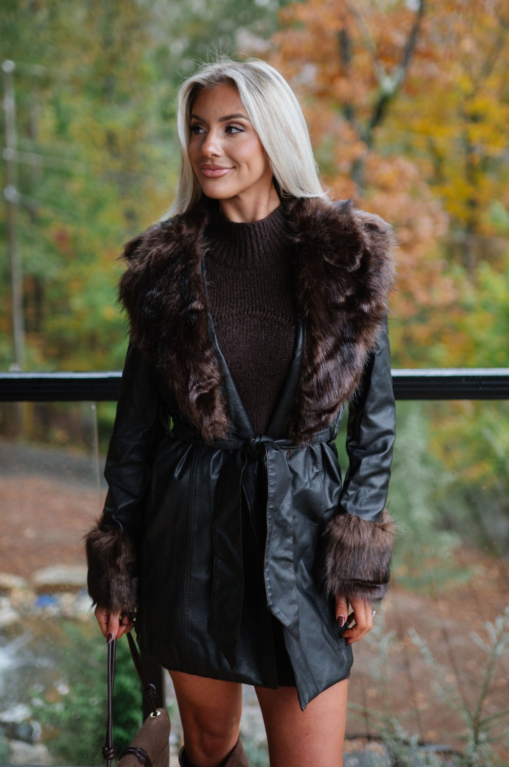 Ester Leather Fur Coat-Dark Brown