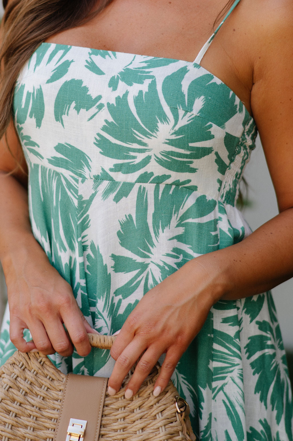 Palm Printed Maxi Dress-Off White/Green
