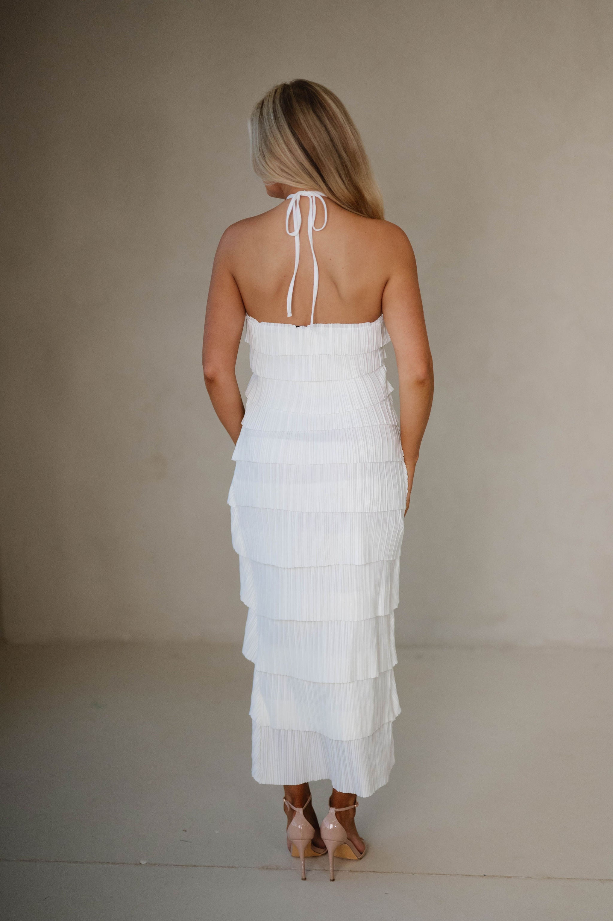 Pleated Halter Midi Dress-Off White