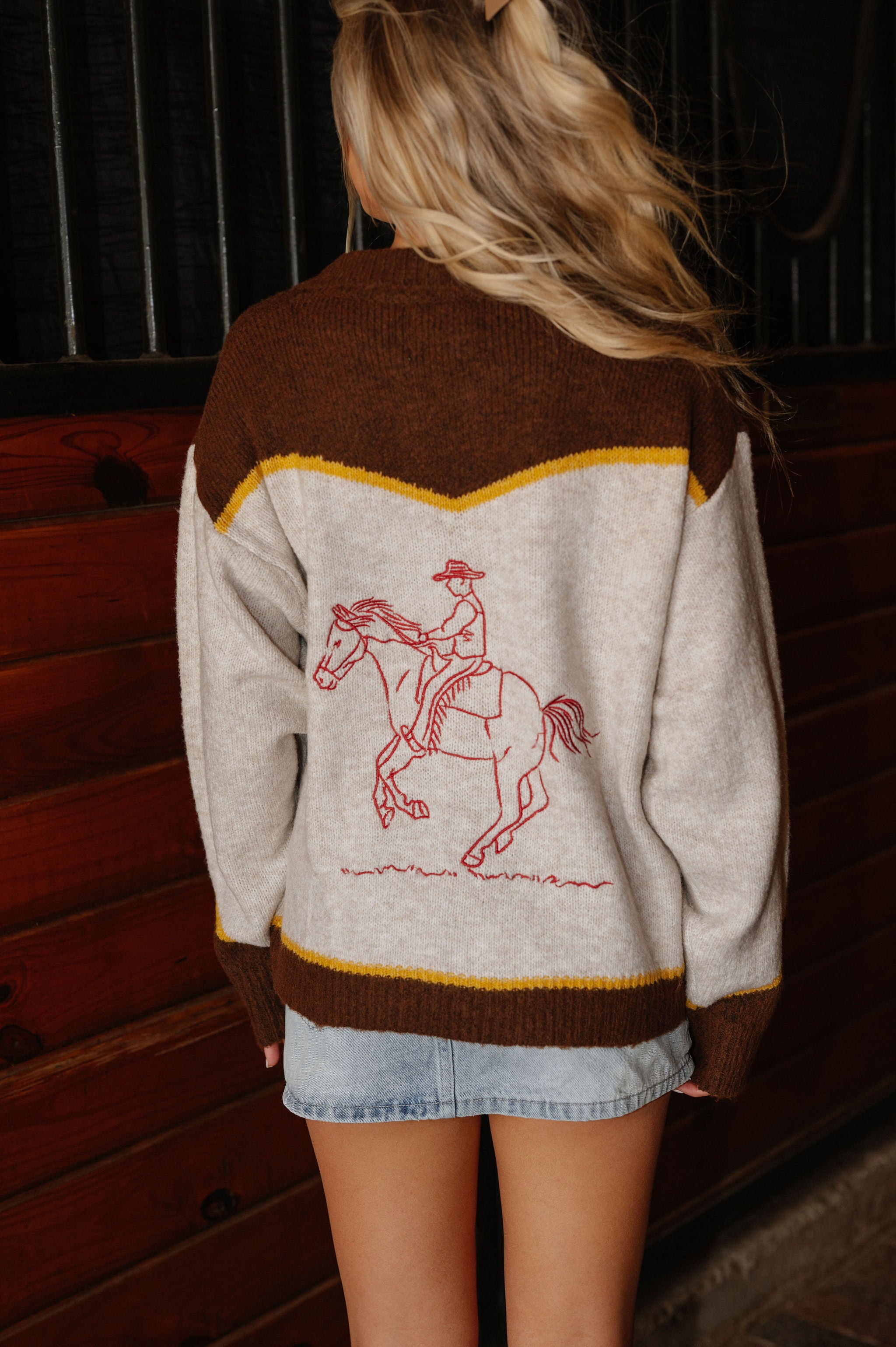 Rodeo Embroidered Graphic Zip Cardigan-Oatmeal
