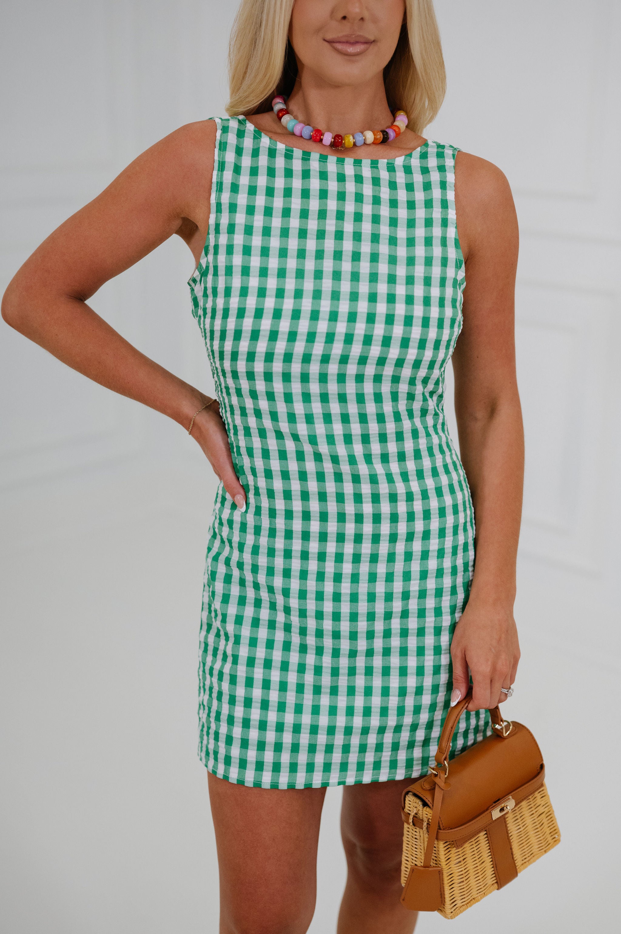 Leigh Gingham Mini Shift Dress-Green/White