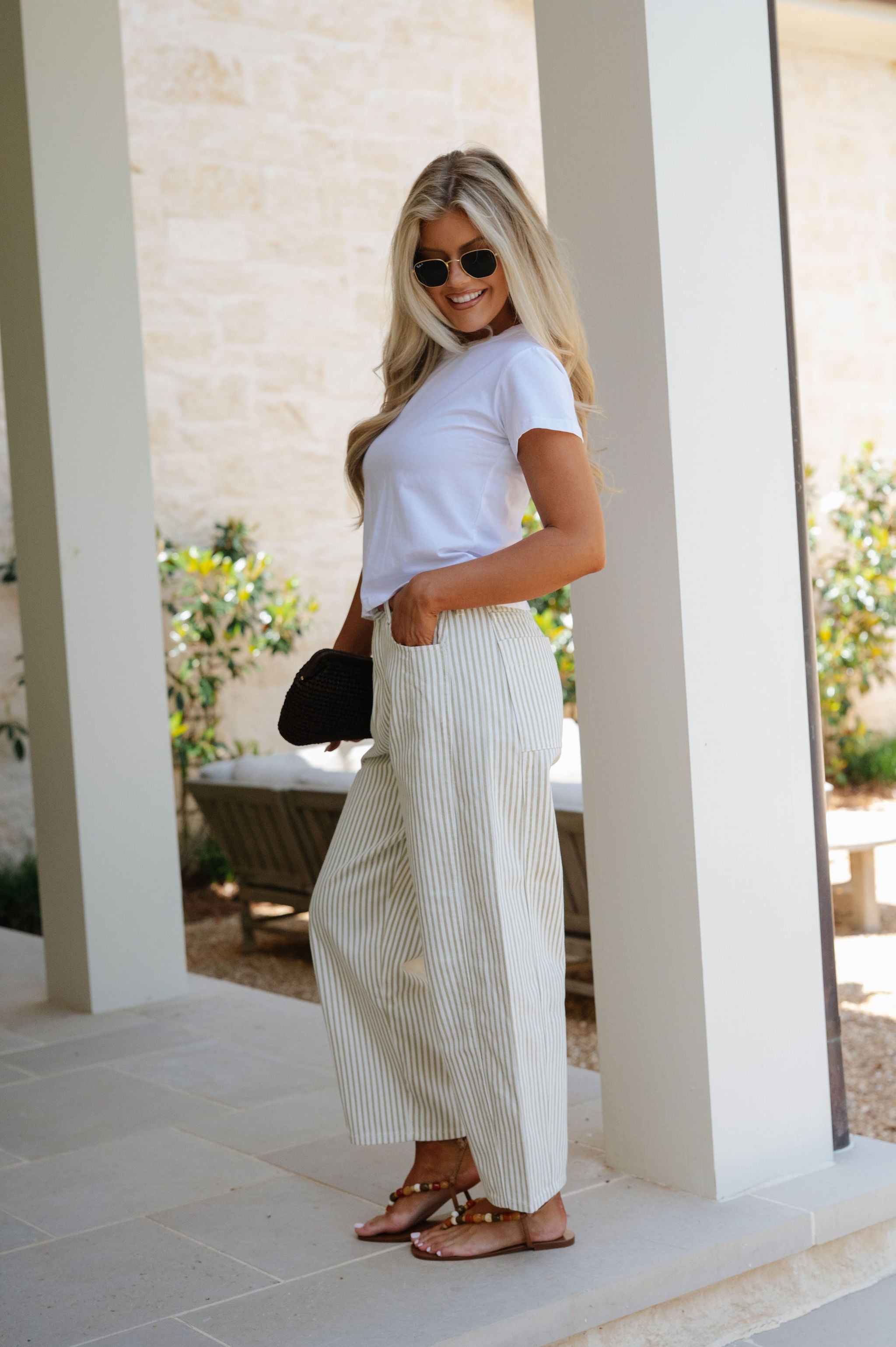 Emma Pinstriped Pattern Jeans-Beige