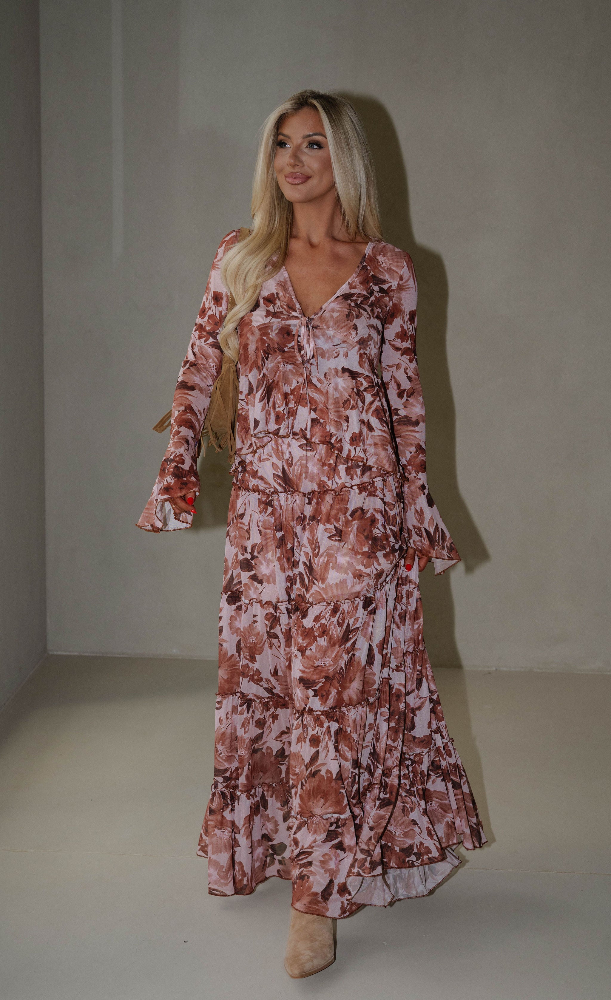 Fall Florals Maxi Skirt Set-Burnt Brown