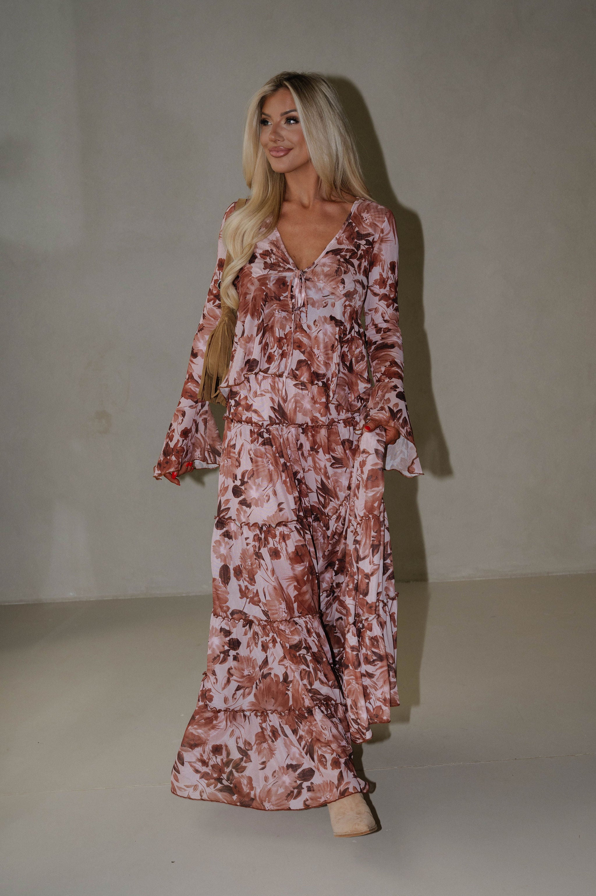 Fall Florals Maxi Skirt Set-Burnt Brown