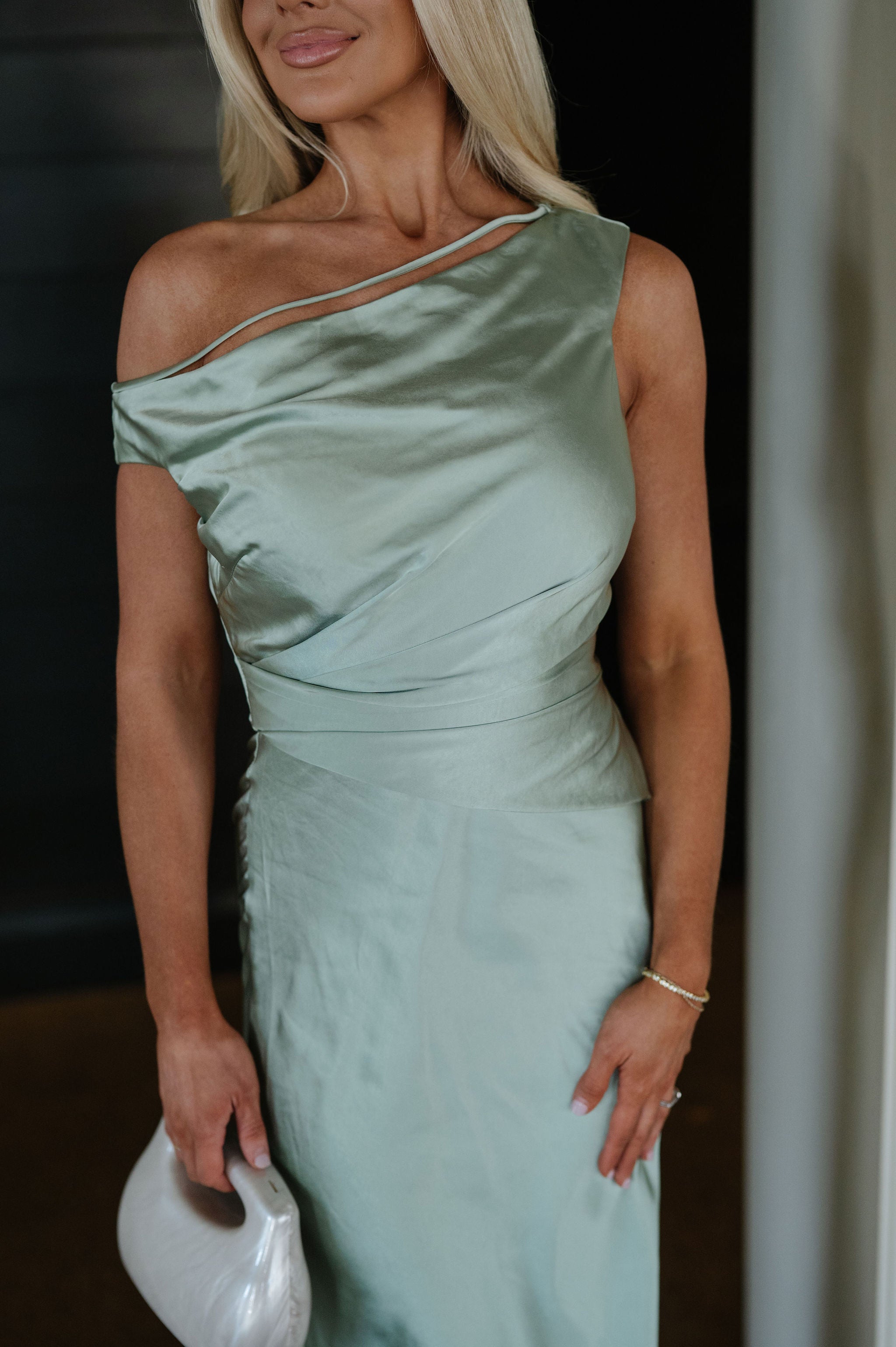 Rue Metallic Satin Dress-Sage