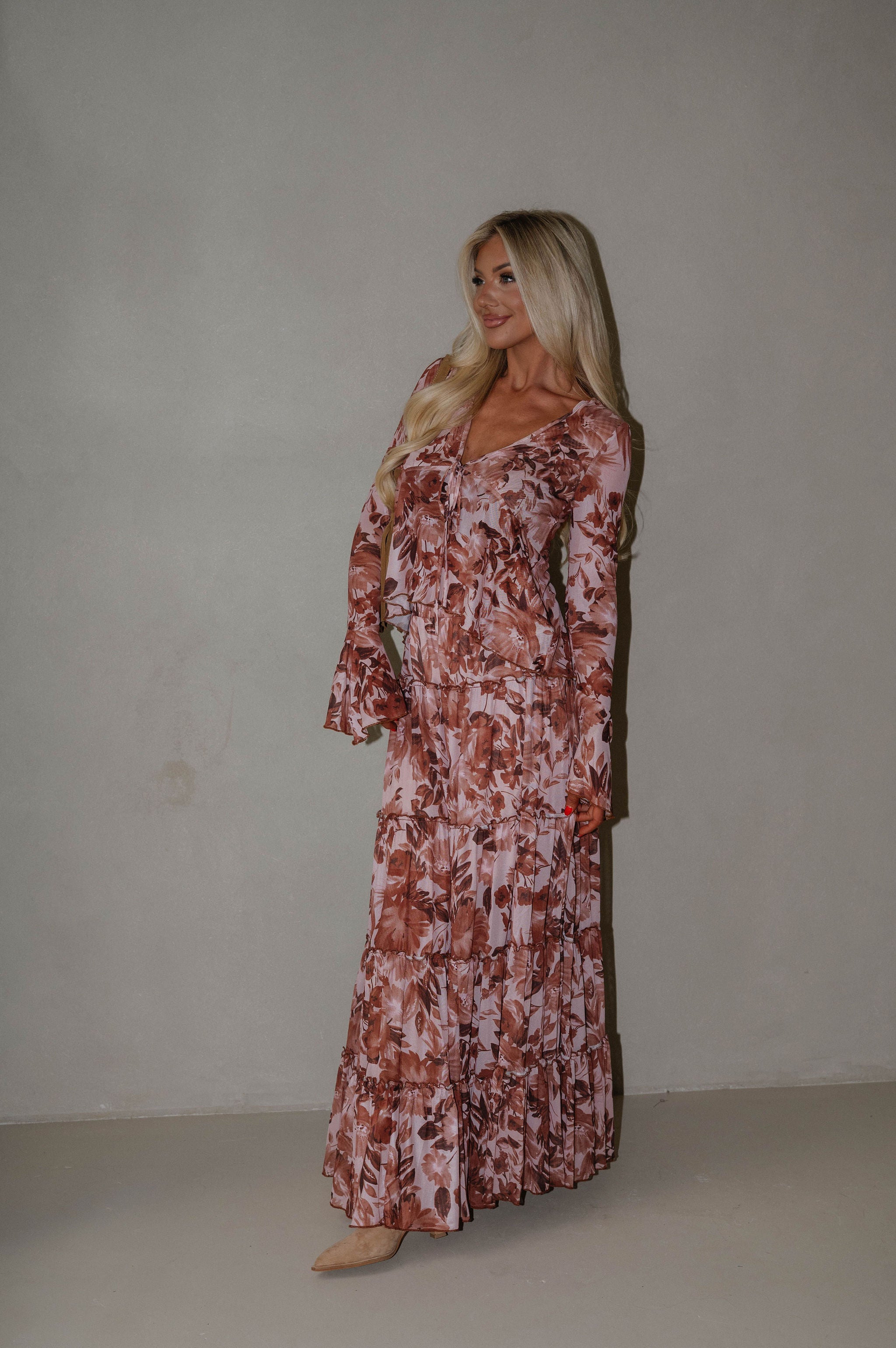 Fall Florals Maxi Skirt Set-Burnt Brown