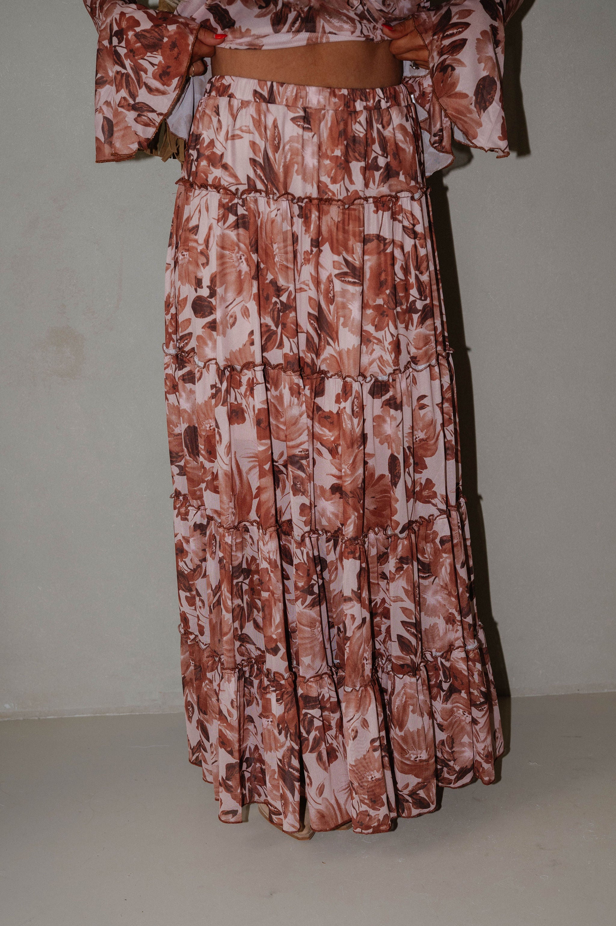 Fall Florals Maxi Skirt Set-Burnt Brown