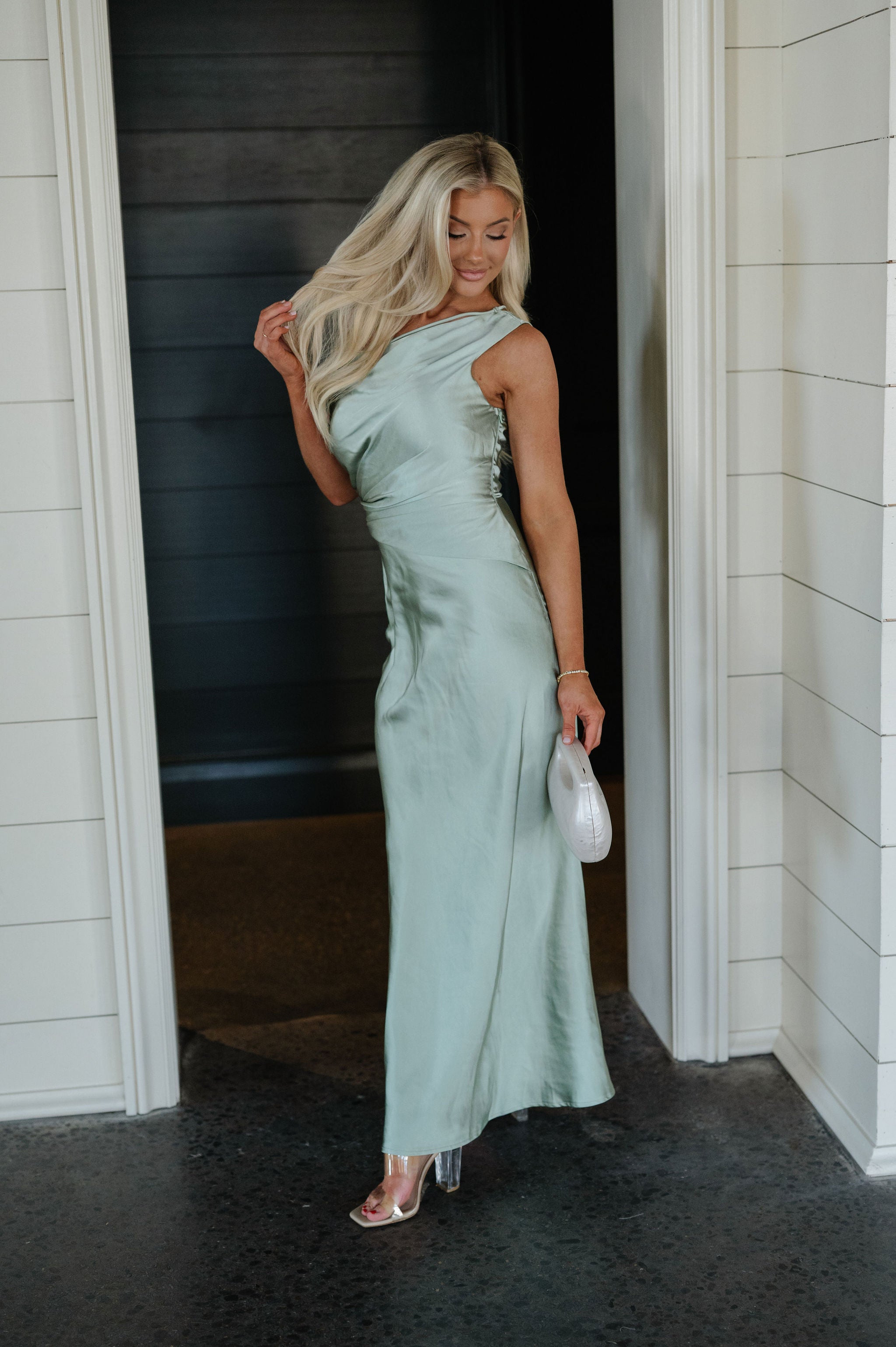 Rue Metallic Satin Dress-Sage