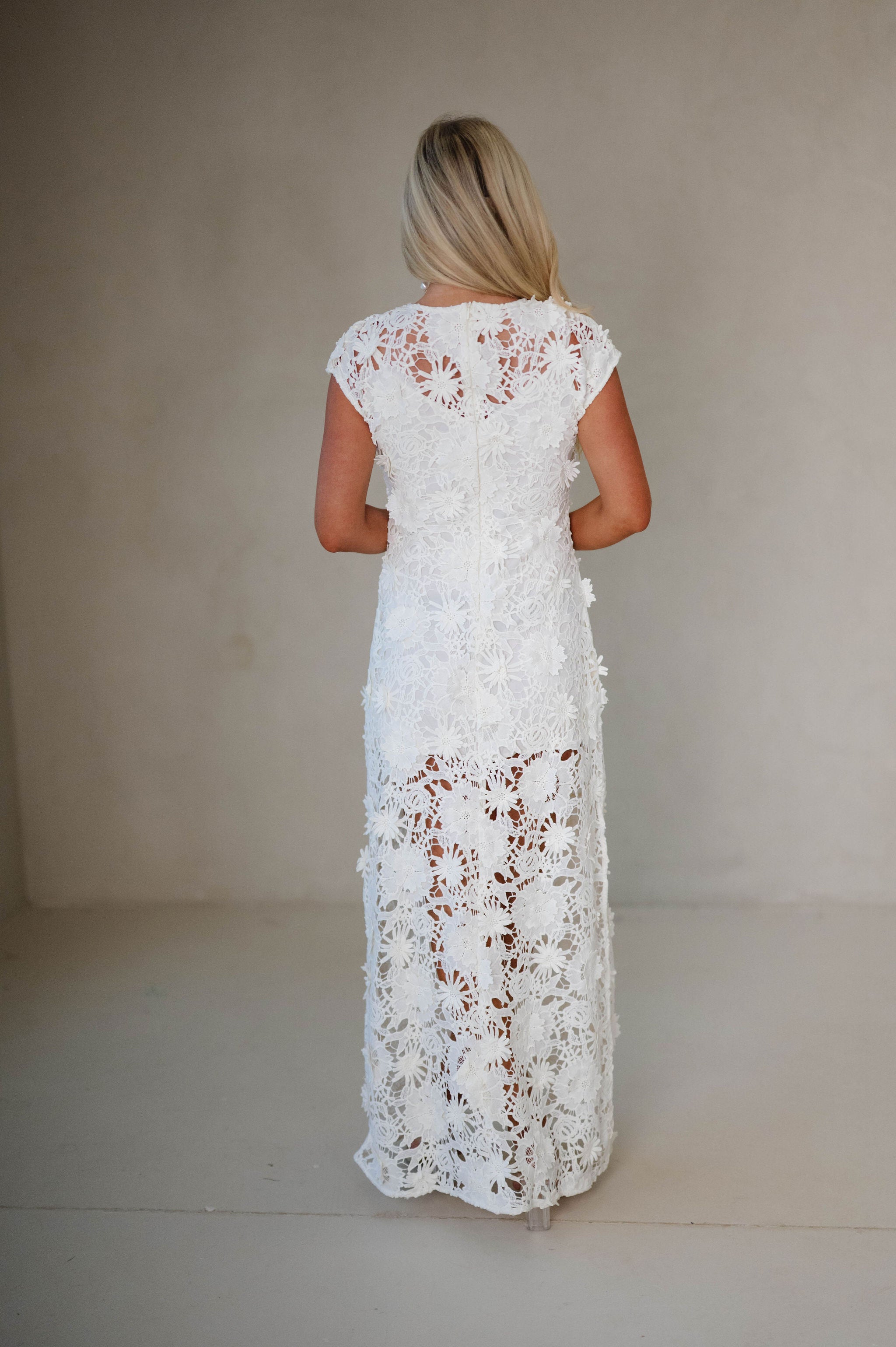Joy Elegant Floral Lace Tie Waist Maxi Dress-Cream