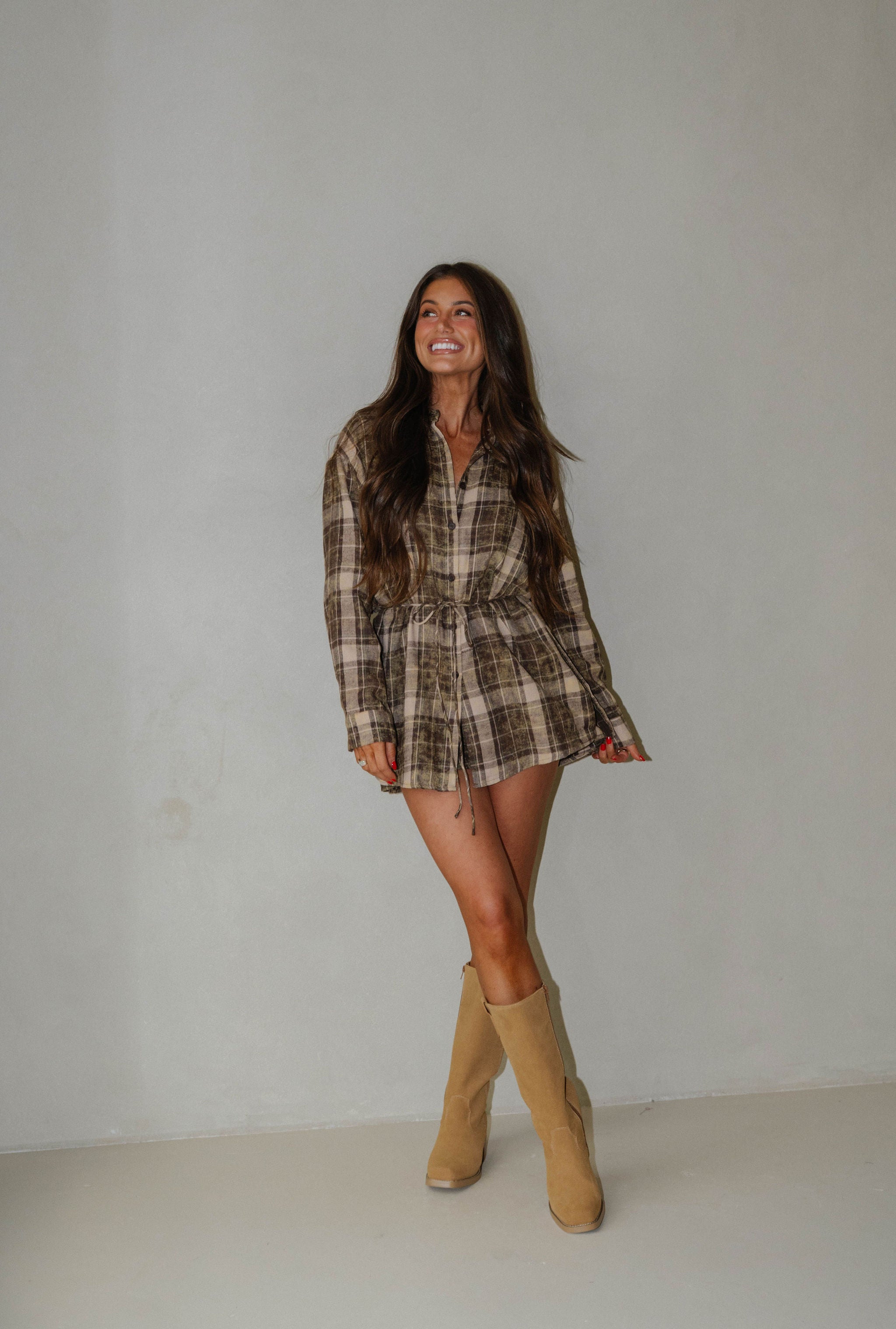 Flannel Shirt Romper-Brown