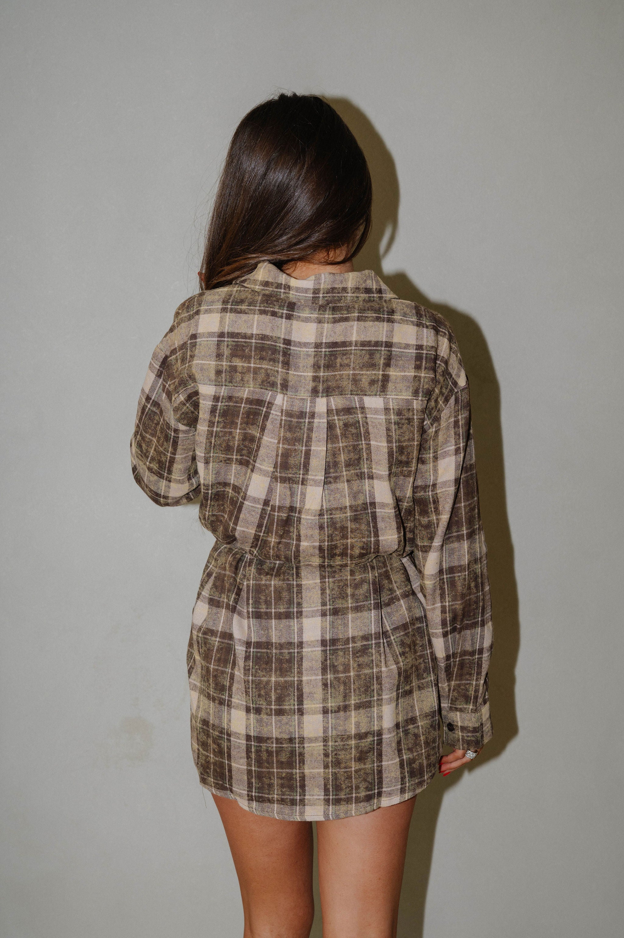 Flannel Shirt Romper-Brown
