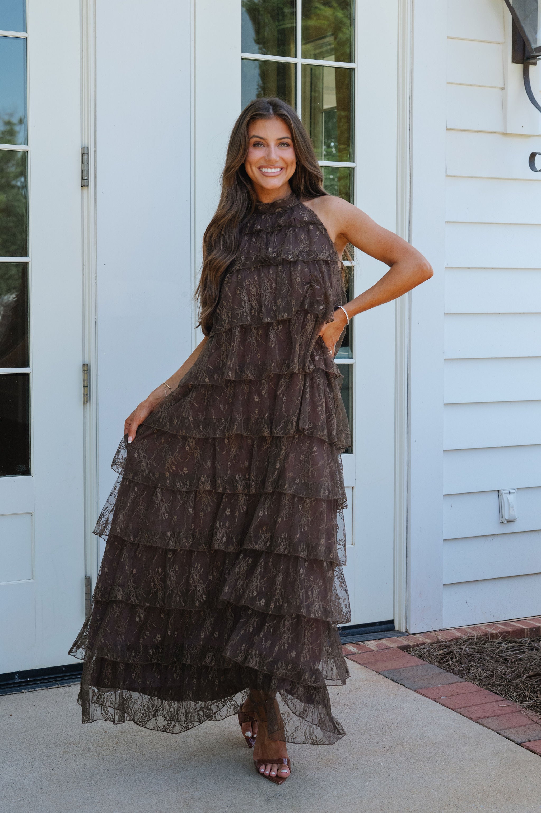 Ally Lace Tiered Halter Maxi Dress-Brown