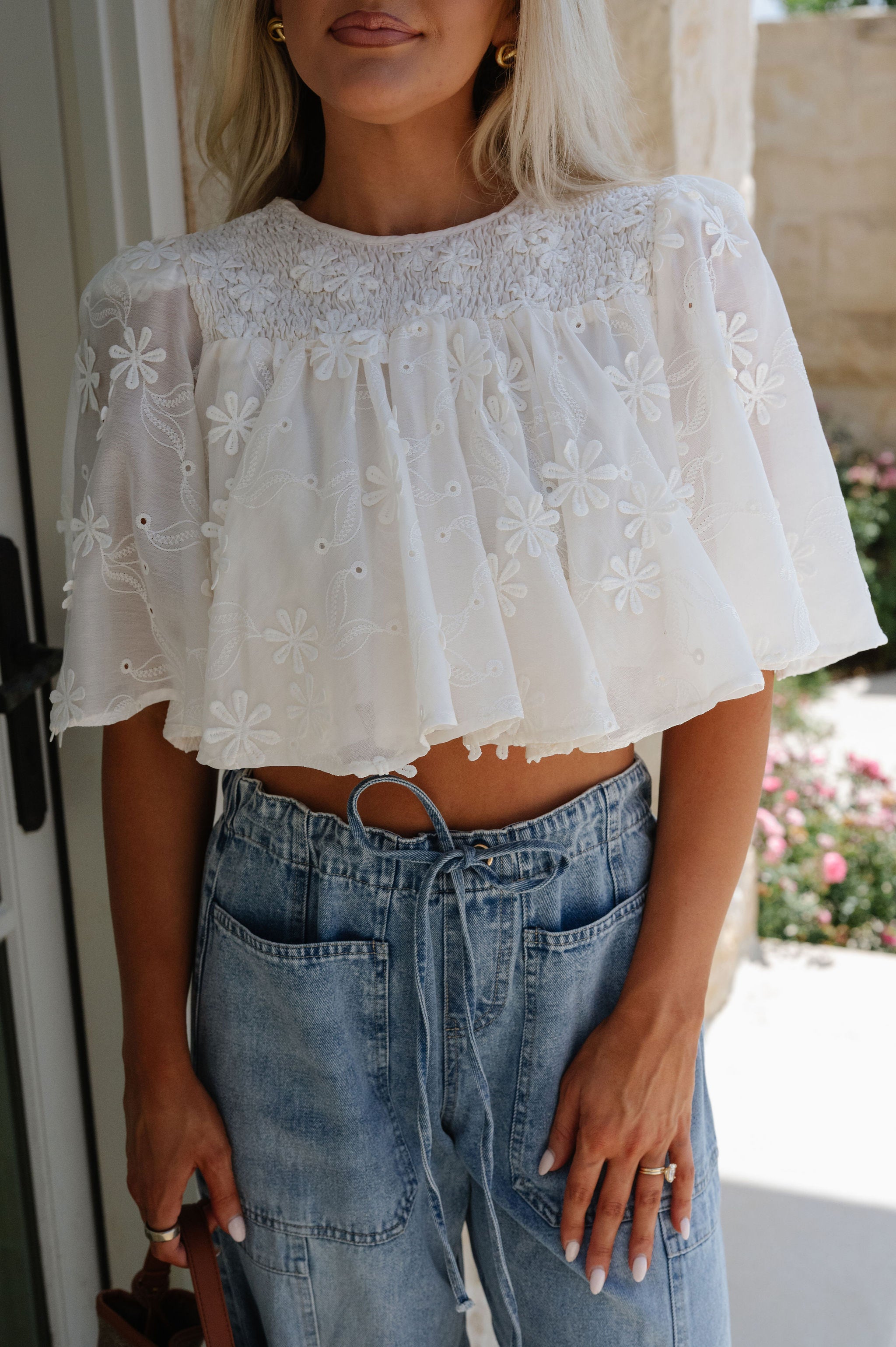 Eloise Floral Embroidered Top-Cream