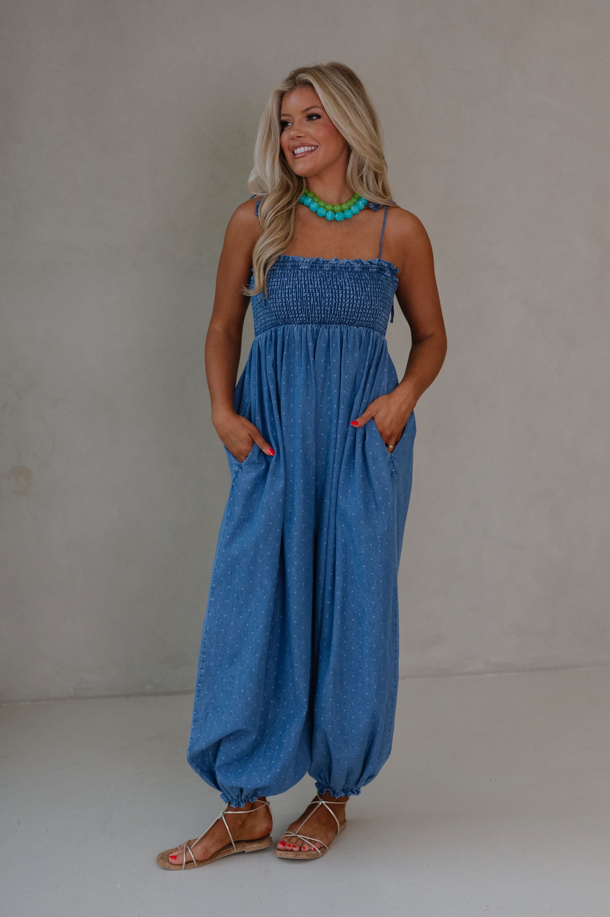 Polka Dot Smocked Jumpsuit-Denim