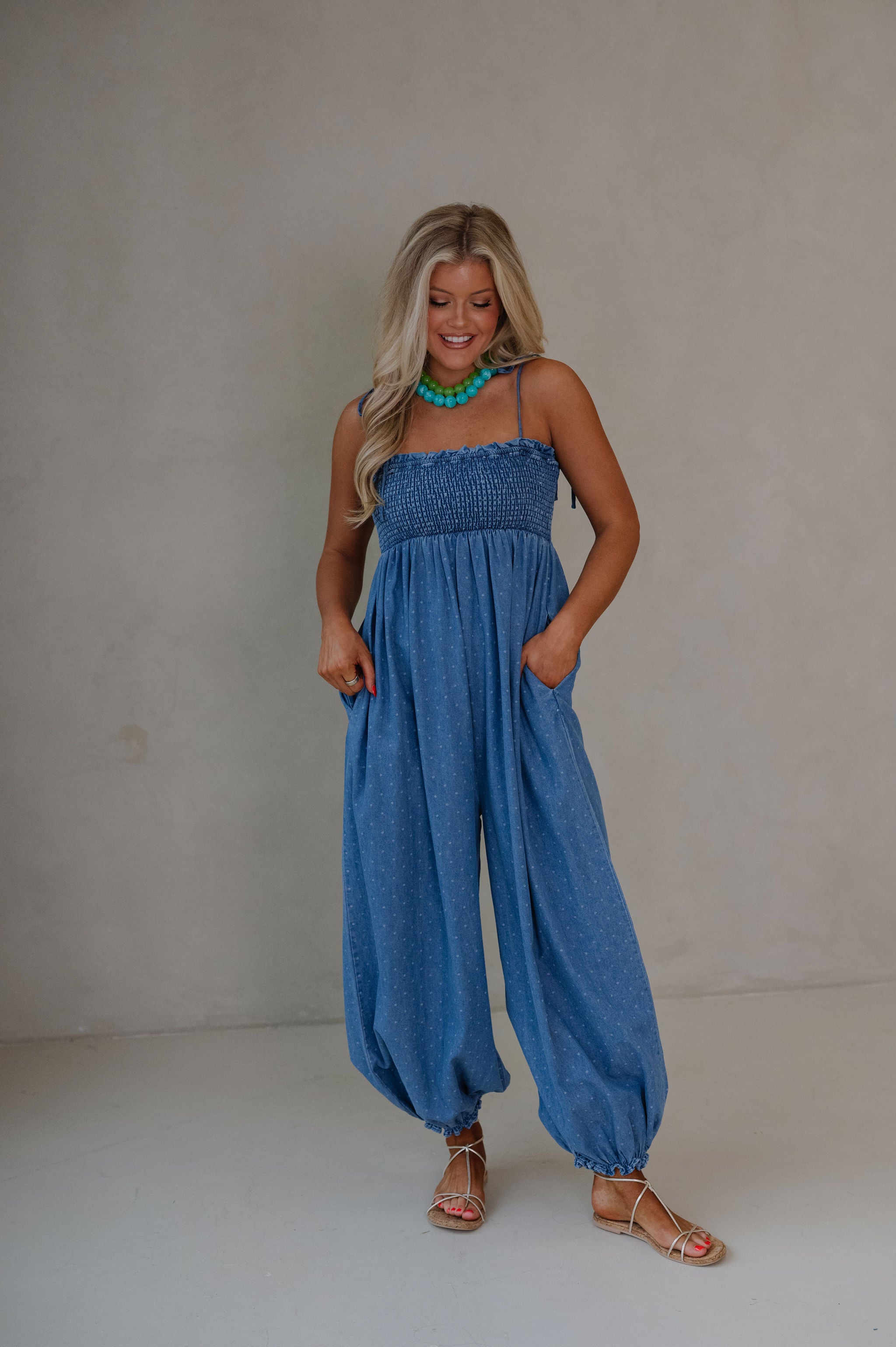 Polka Dot Smocked Jumpsuit-Denim