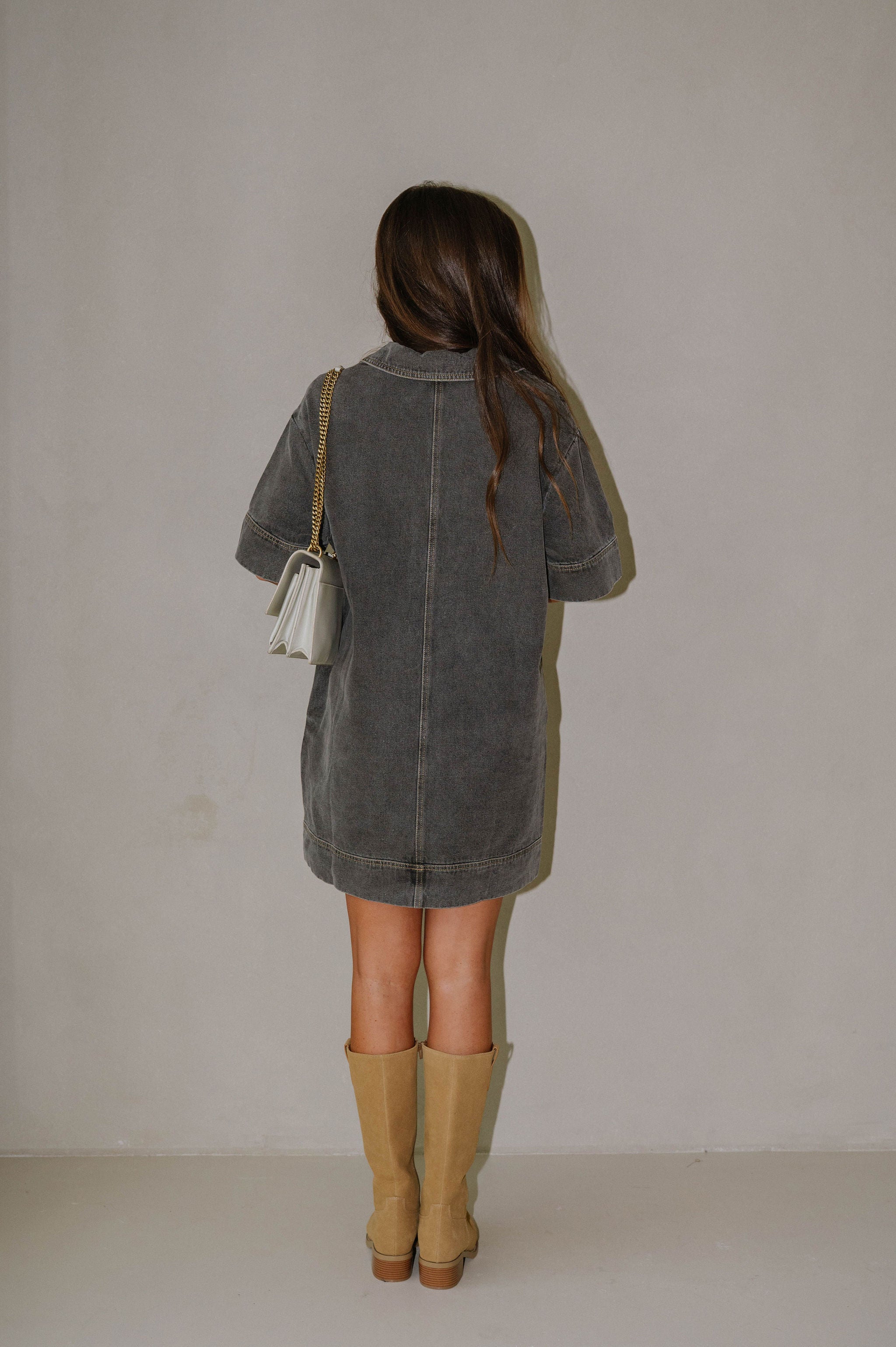 Denim Pocketed Shirt Dress-Grey Wash