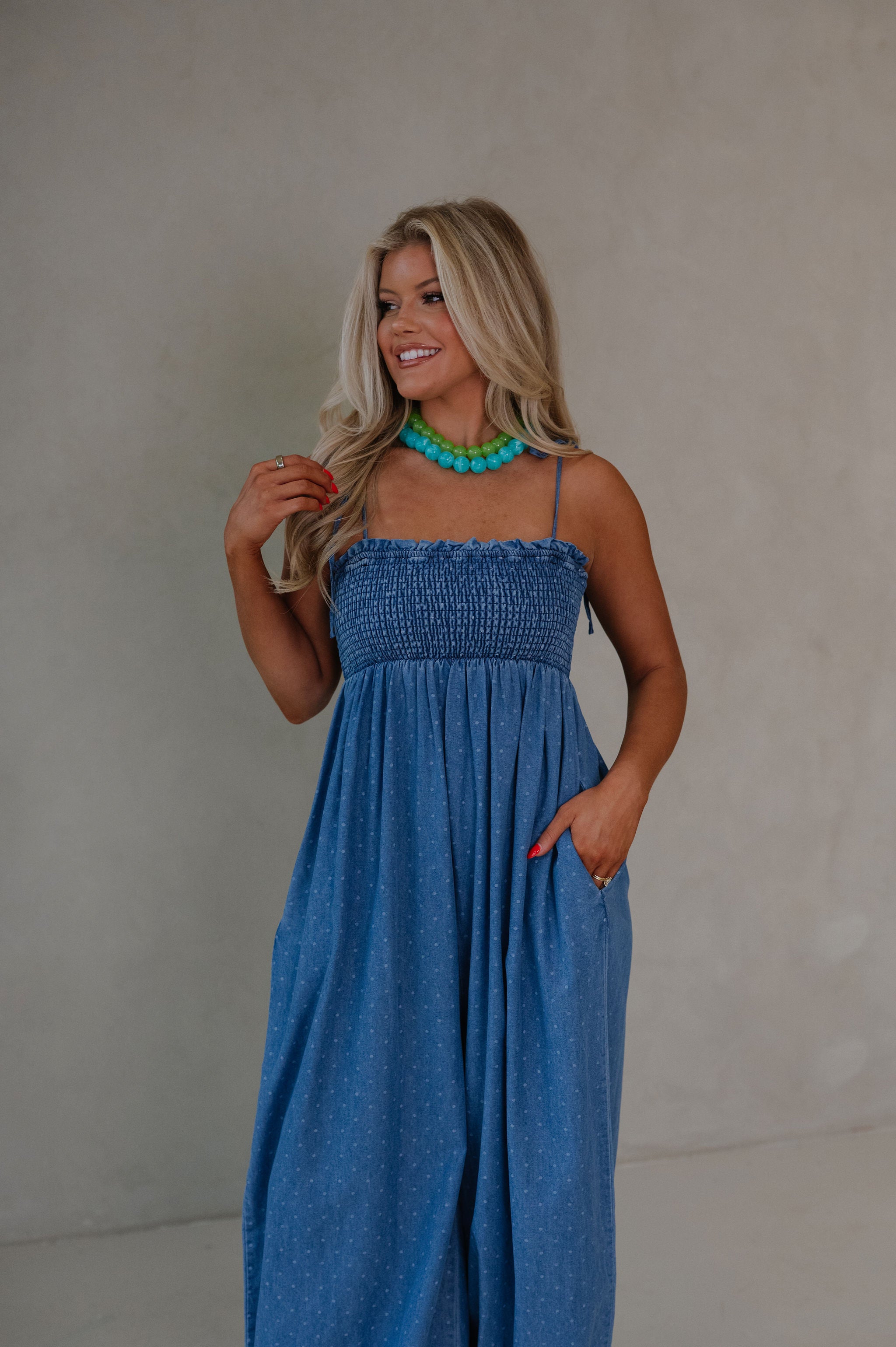 Polka Dot Smocked Jumpsuit-Denim