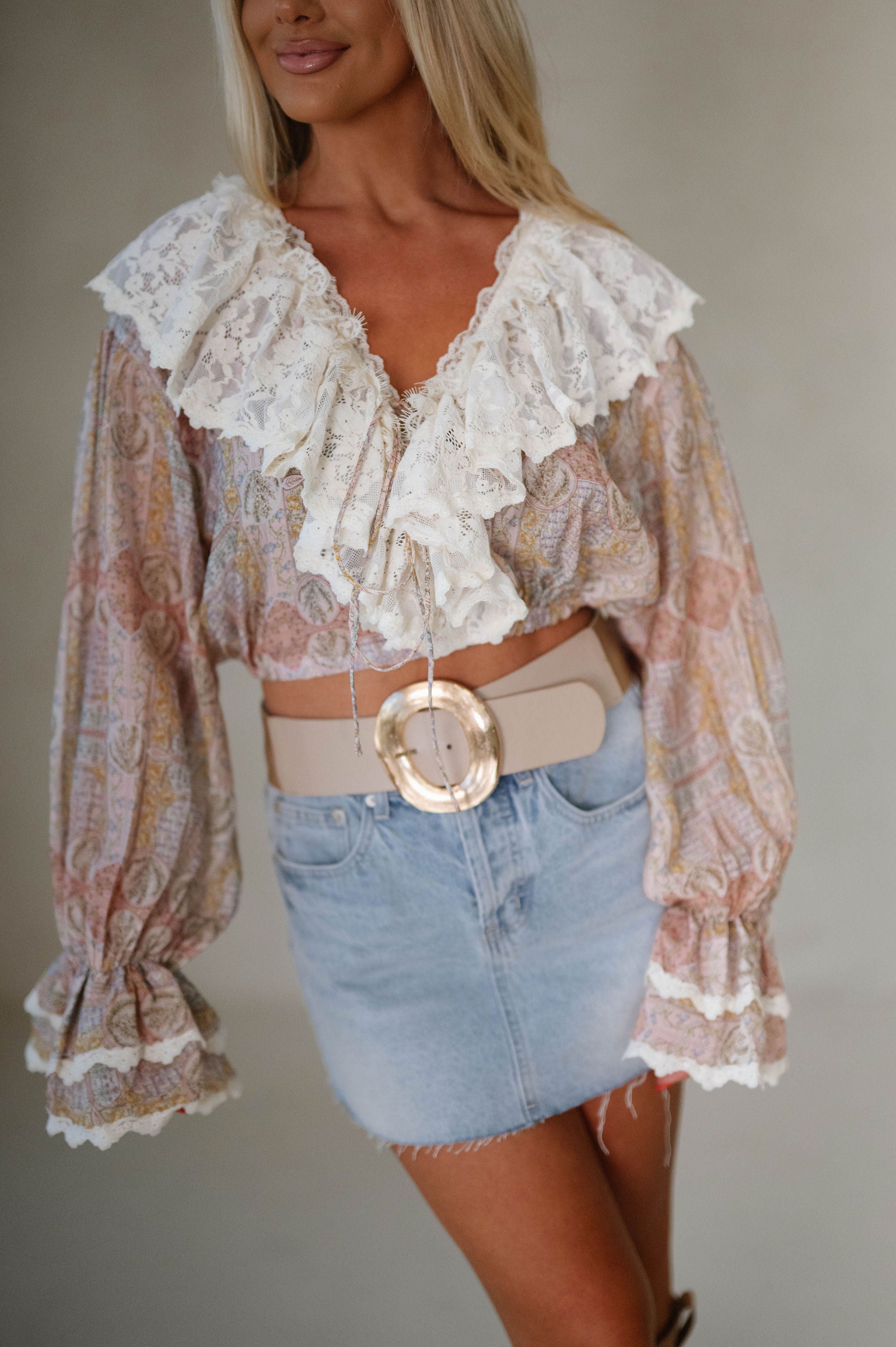 Ella Lace Ruffle Detail Top-Rose Multi
