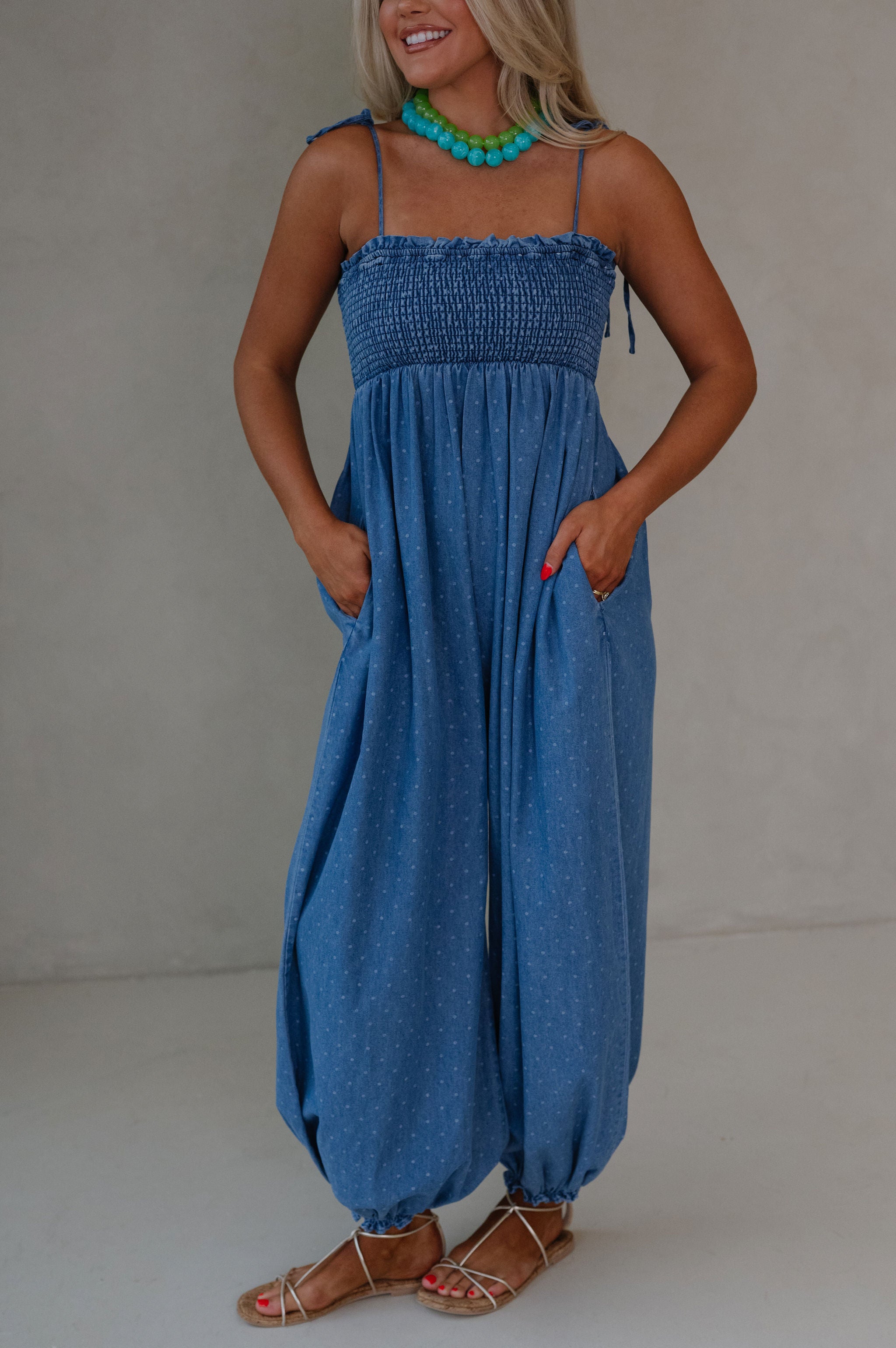Polka Dot Smocked Jumpsuit-Denim